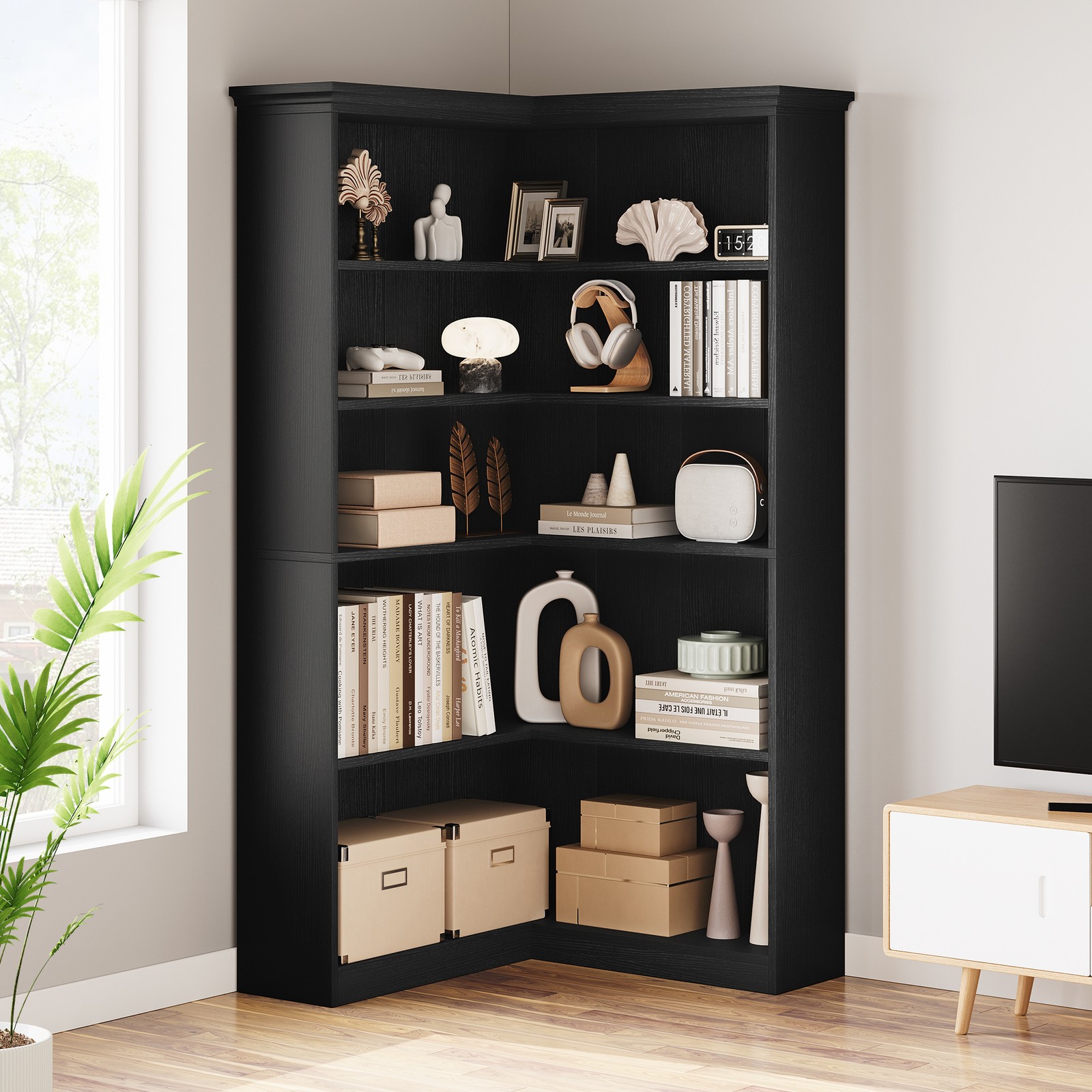 Corner Bookshelf 5 Tier Large Display Bookshelf 90° Corner Standing Bookcase