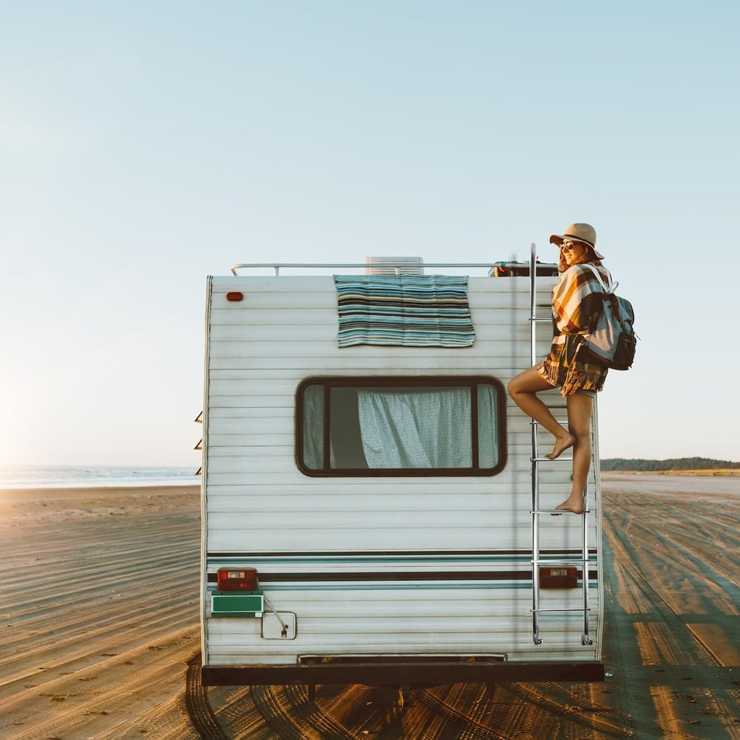 Exterior RV Ladder 7.6FT-8.4FT Travel Trailer Aluminum Black Camper Ladder