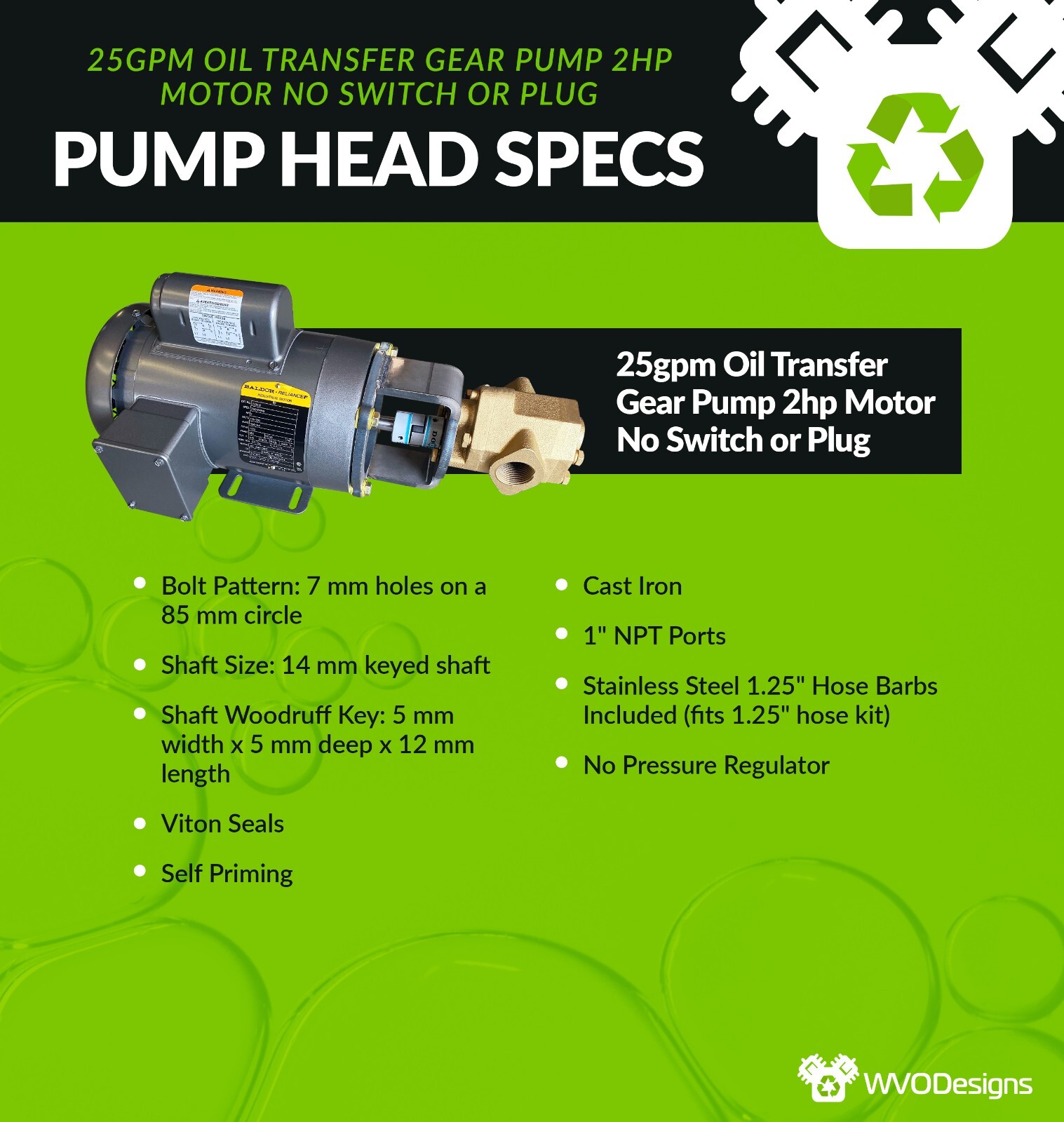 25gpm Oil Transfer Gear Pump with 1HP motor (No Switch, Plug, or Handle)