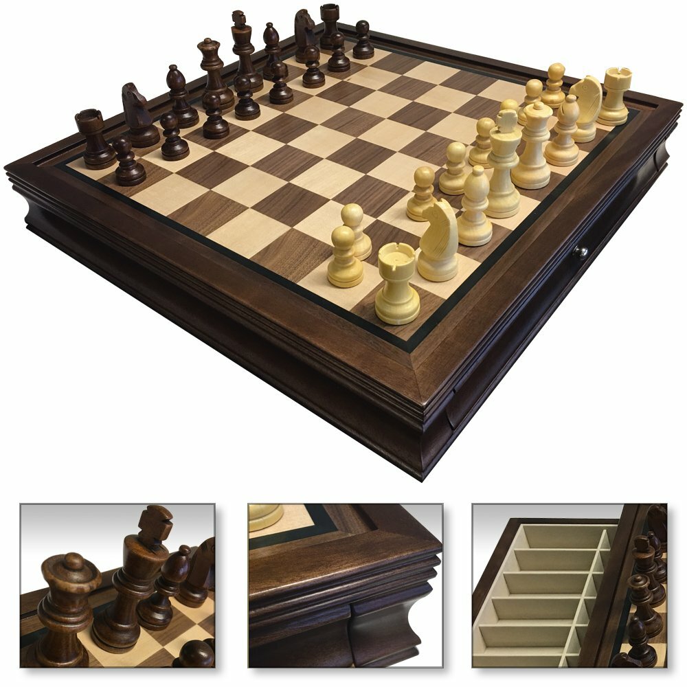 Chess Set Board Game 19" Large Deluxe w/ Drawer Storage Box Walnut Wood 1208M