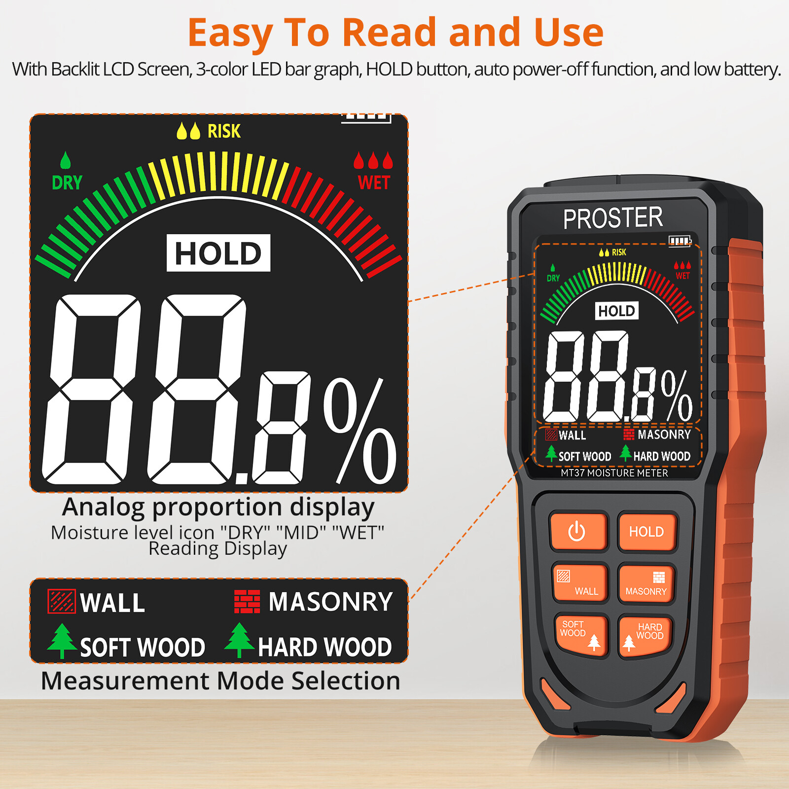 PROSTER Wood Moisture Meter Rechargeable Pinless Humidity Tester Wall Firewood
