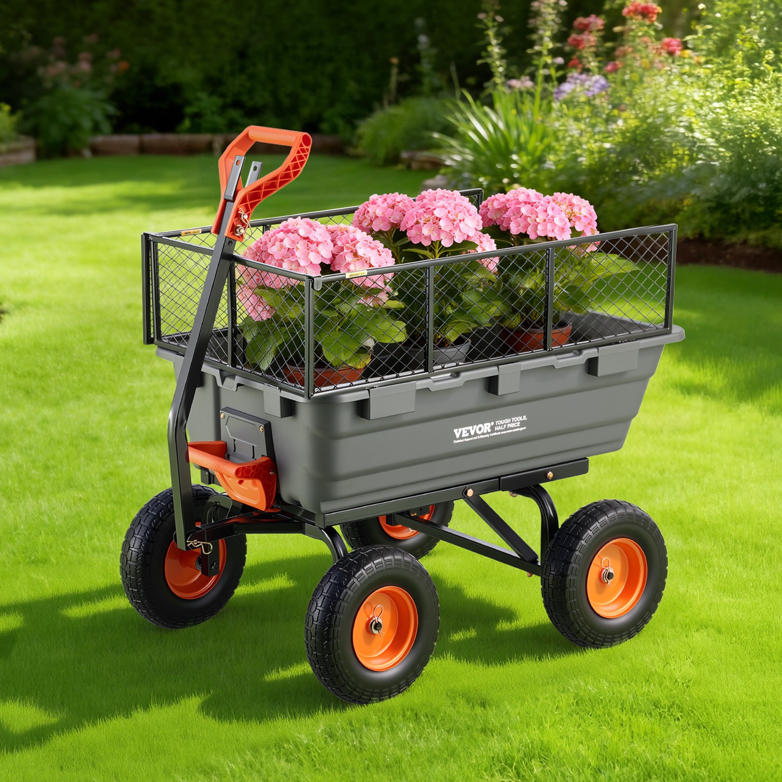 VEVOR Garden Dump Cart 1200lbs Poly Dump Cart with 2-in-1 Handle & Storage Fence