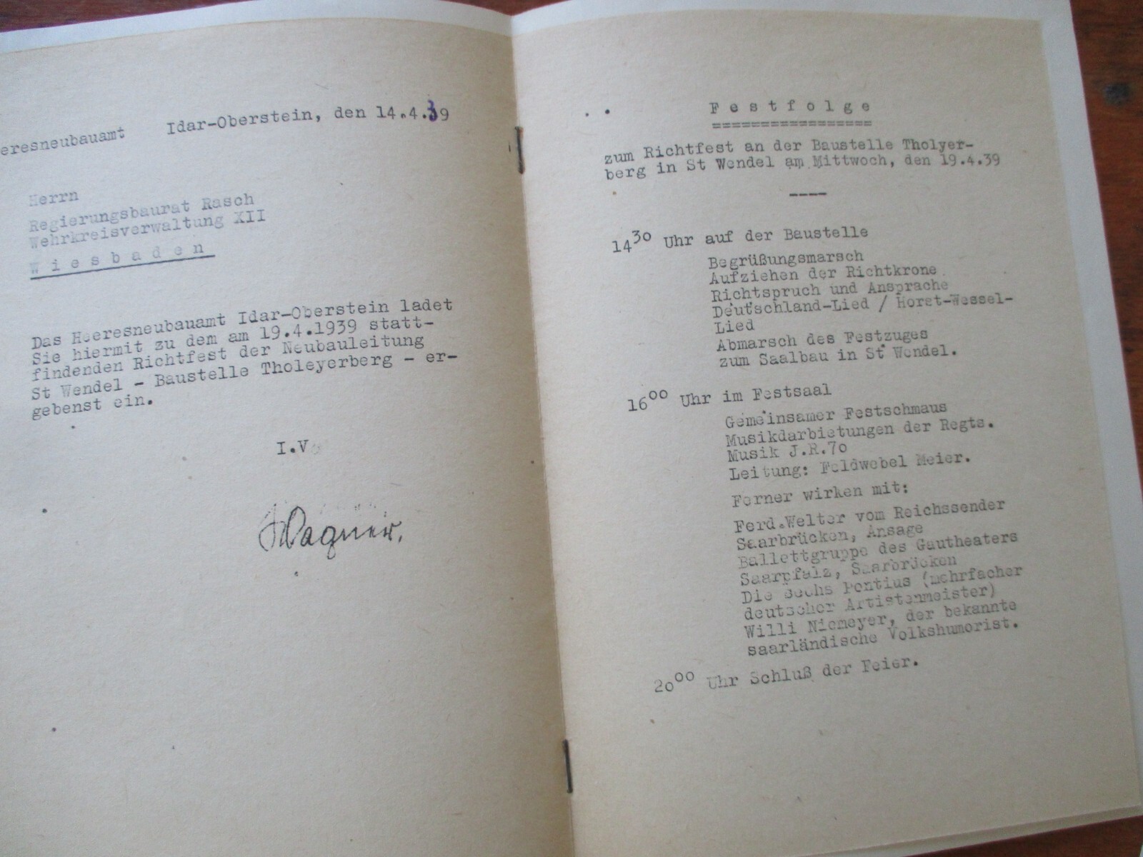 RARE 1939 invite ARMY CAMP CONSTRUCTION ST WENDEL TOPPING OUT ceremony WWII