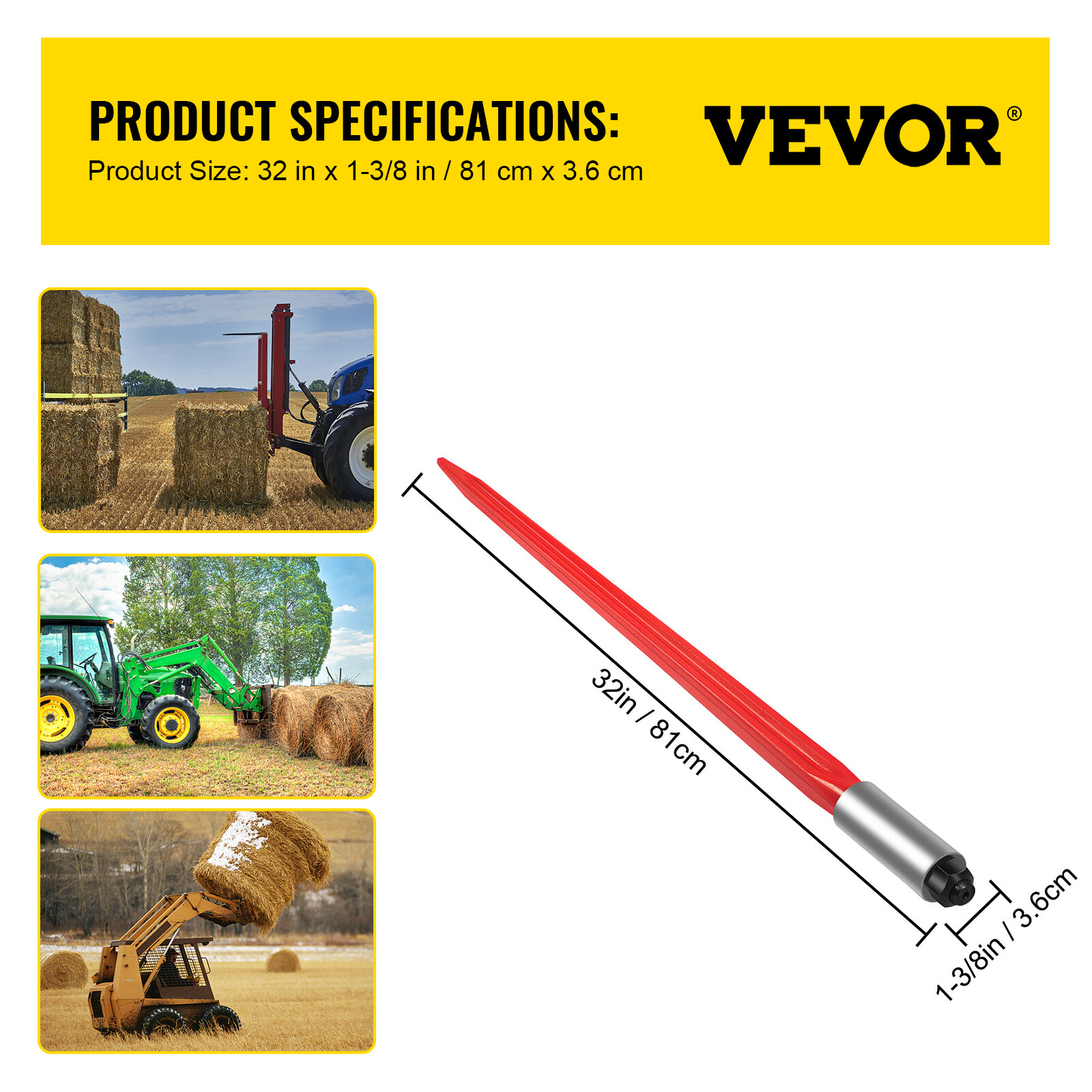 VEVOR 32" 1350lb Capacity Square Hay Bale Spear Nut Tach Bobcat 1 3/8" Wide Tine