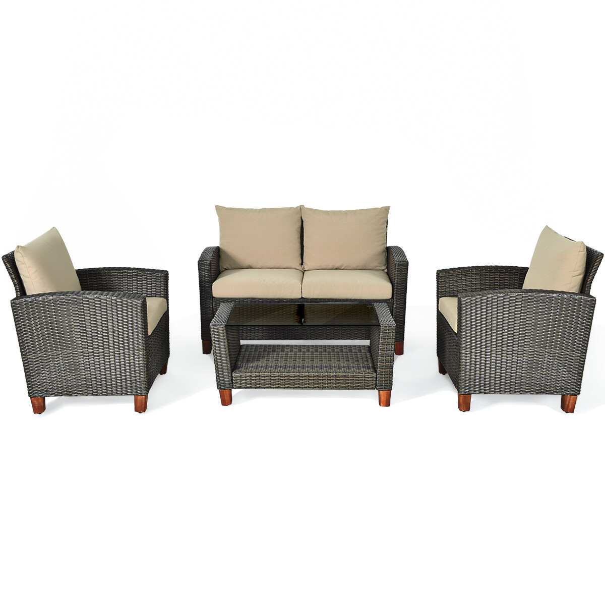 4PCS Patio Rattan Furniture Set Solid Wood Leg Cushioned Sofa Garden Lawn