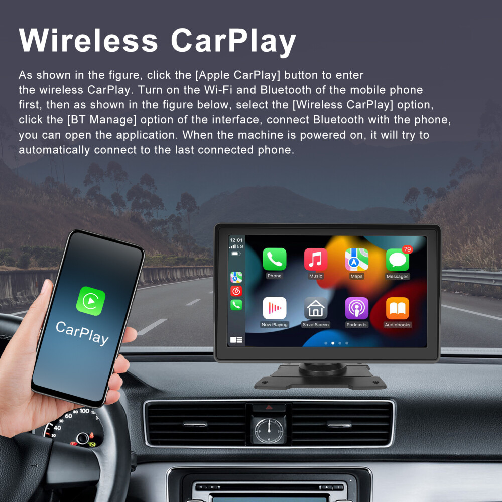 7'' Portable Wireless Apple CarPlay Android Auto Touch Screen Car Radio Stereo