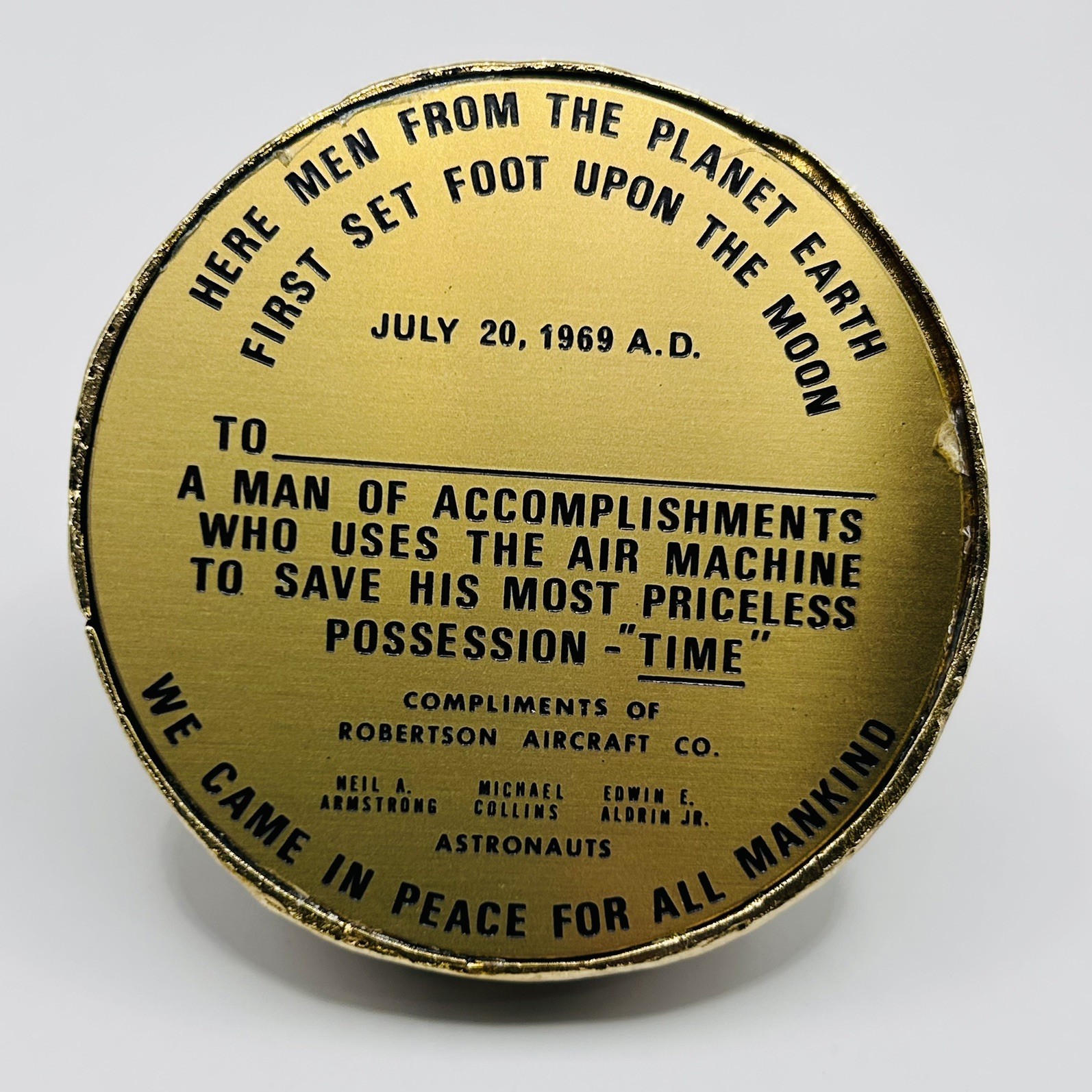 Vintage Apollo 11 Moon Landing Brass Paper Weight Robertson Aircrafts Astronauts