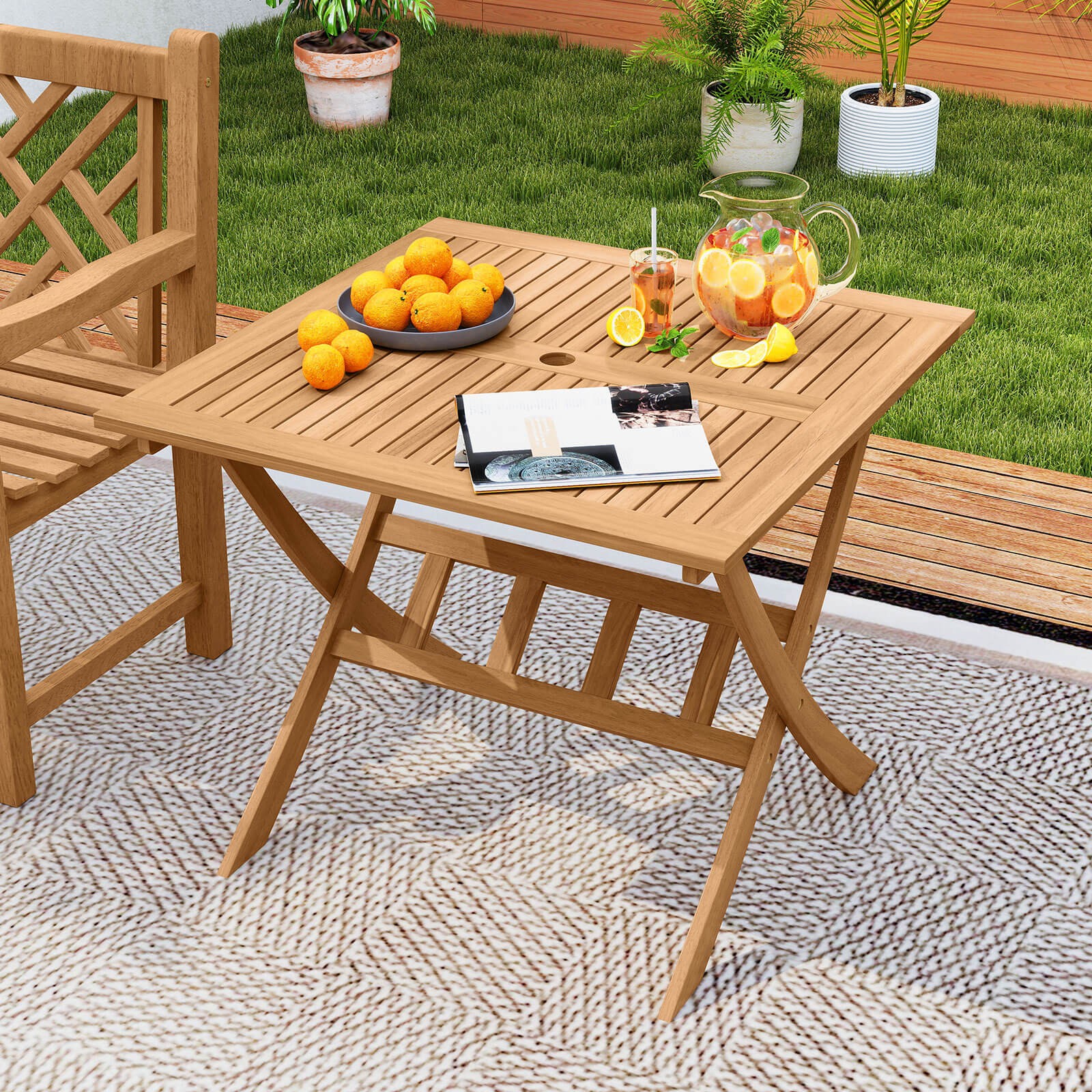 Acacia Wood Folding Table 36” Patio Dining Table with Slatted Tabletop