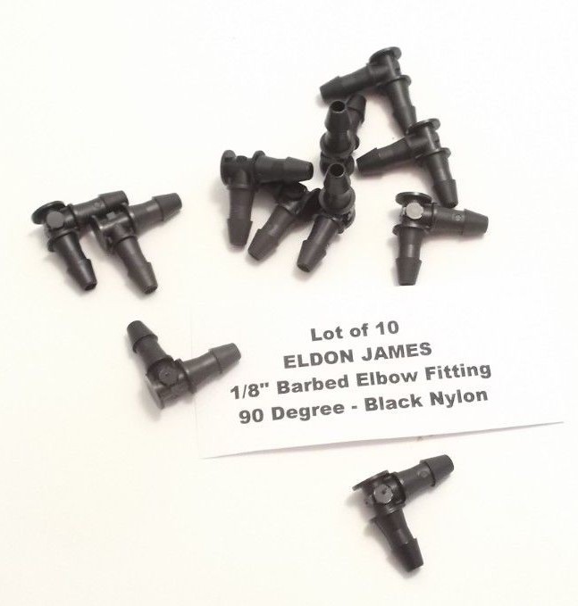 Lot of 10 ELDON JAMES 1/8" Barbed Elbow Fittings - 90 Degree - Black Nylon -