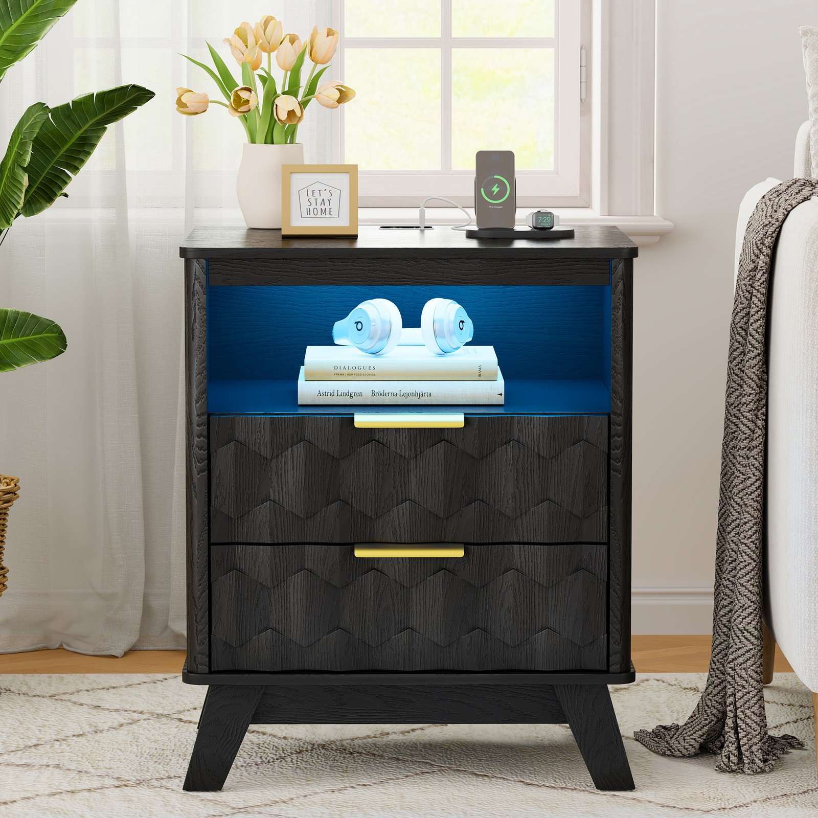 Gurexl Night Stand Set of 2 - with Charging Station and 3-Color LED Light, Black