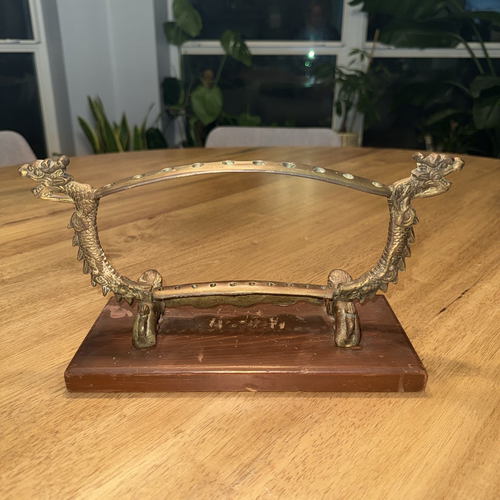 Vtg Chinese Metal Dragon Incense Burner Stand Wood Base Ornate Mythical Motif