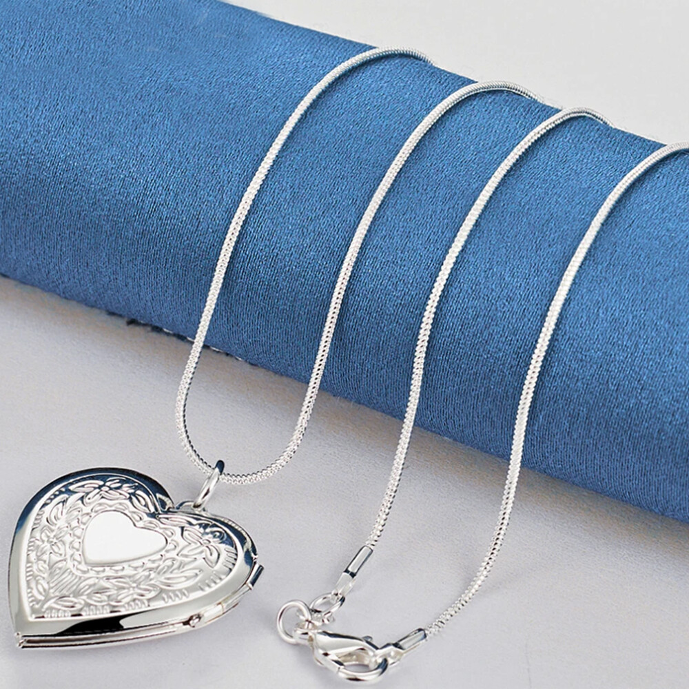 925 Sterling Silver Plated Heart Necklace, Locket Photo Picture Pendant 18" N1