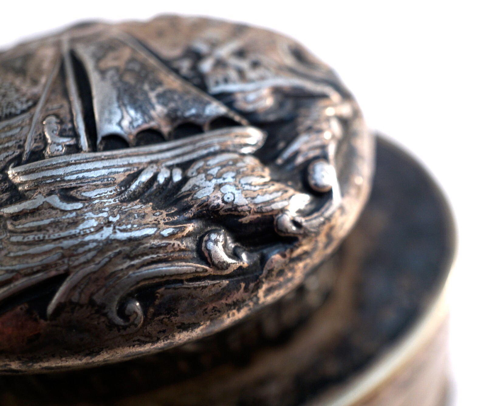 Silver Over Copper Repousse Lidded Jar Scenery of People - Sailboat on Lid