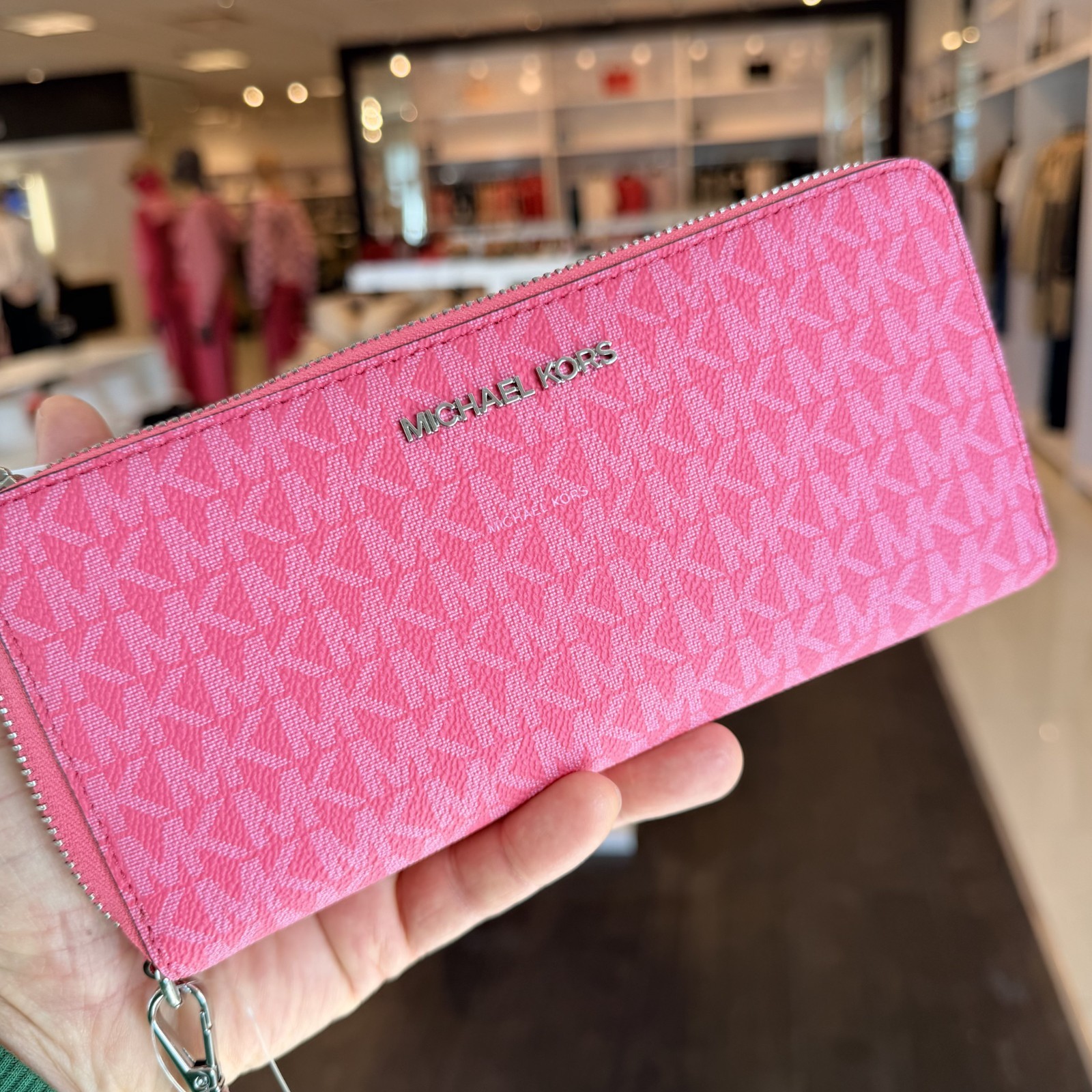 MICHAEL KORS JET SET TRAVEL LG CONTINENTAL WALLET WRISTLET MK LOGO Pink Hibiscus