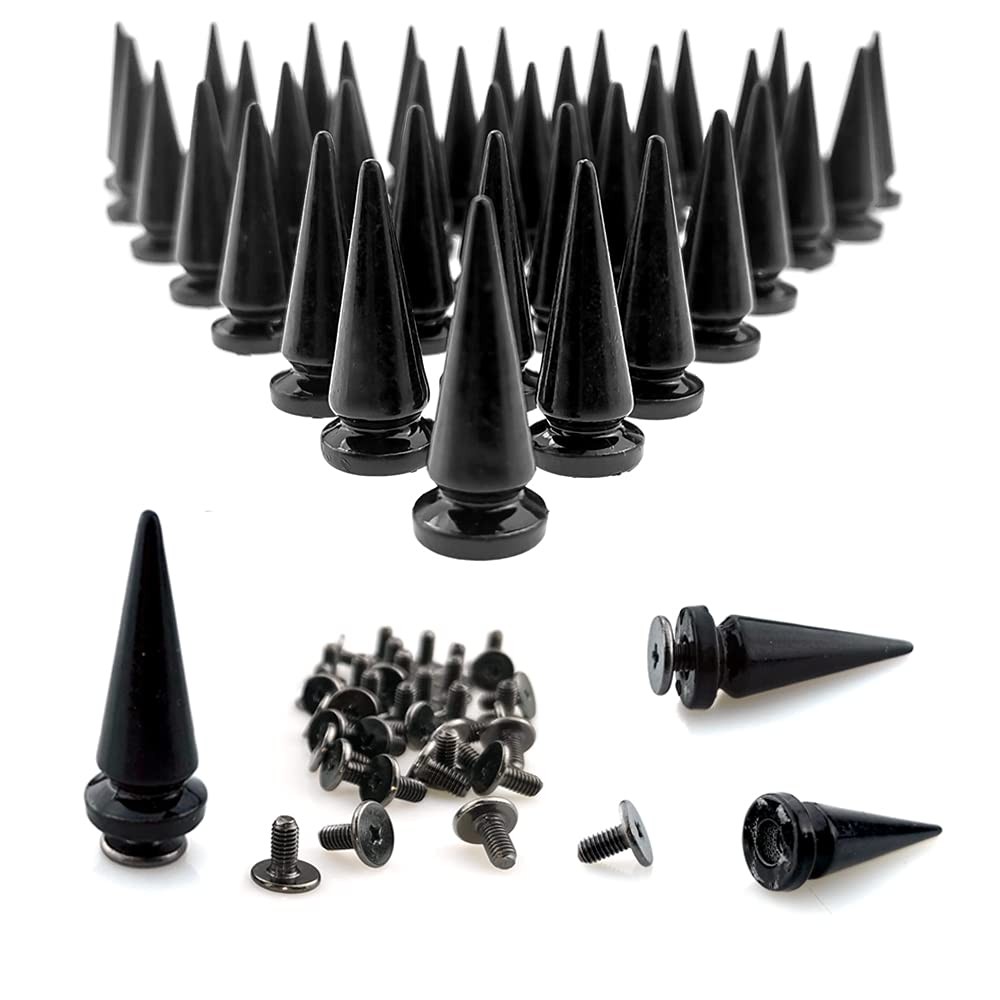 FAZHBARY 40 Pairs Black Cone Spikes Punk Rivets and Screwback Studs Metal Bullet