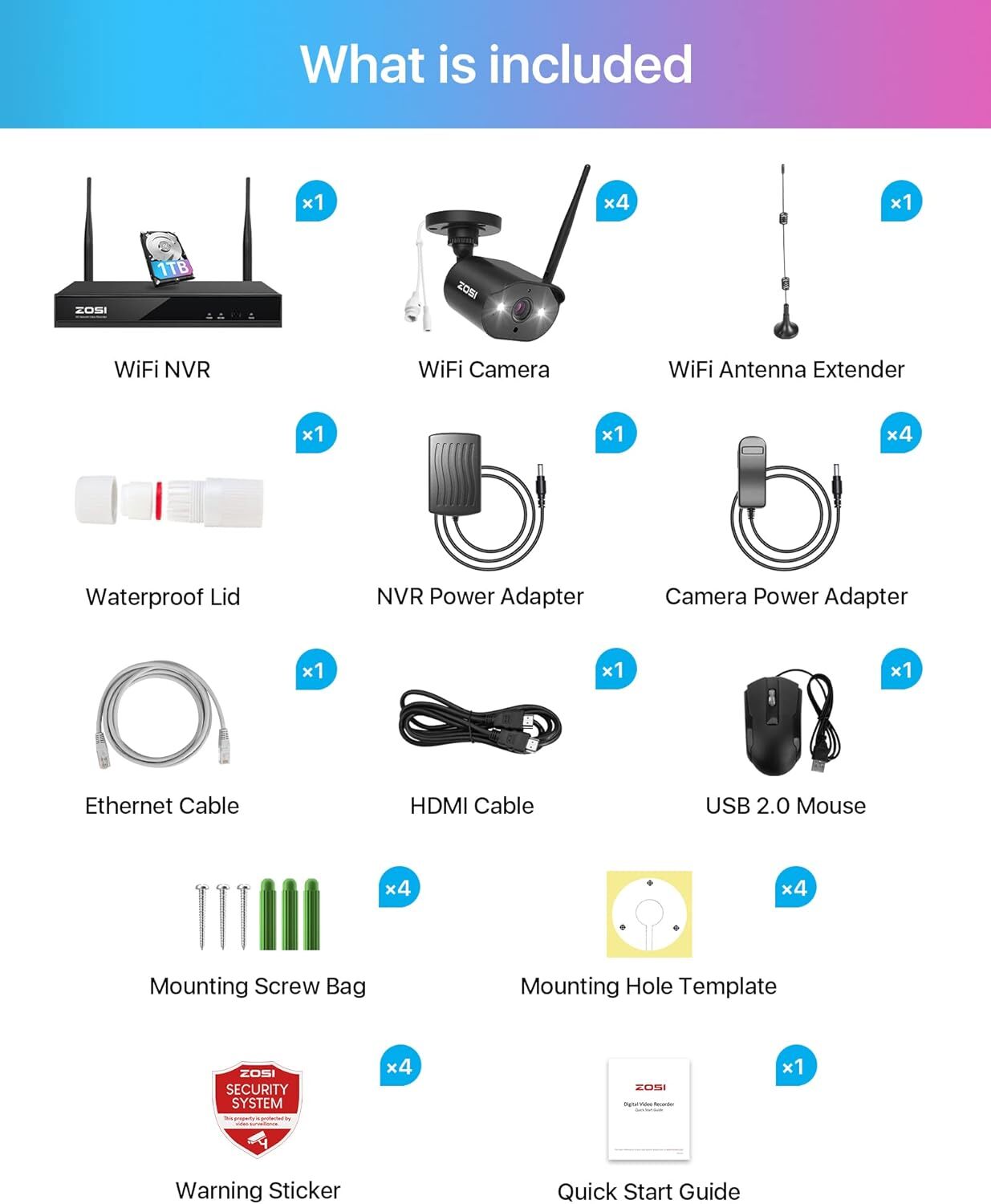 ZOSI H.265+ 8CH 3MP wireless security WiFi Outdoor camera system 1TB HDD Audio