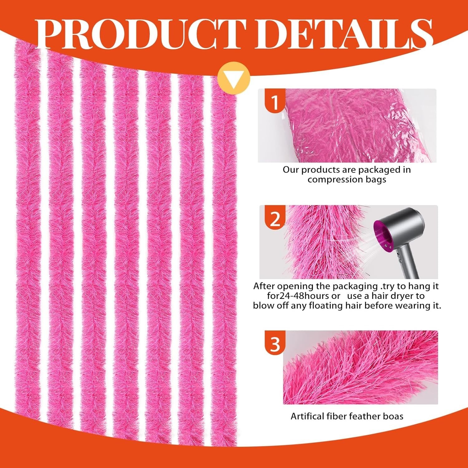 7 Pink Fluffy Boa Artificial 5ft Feather Faux Fur Costume Halloween Decoration