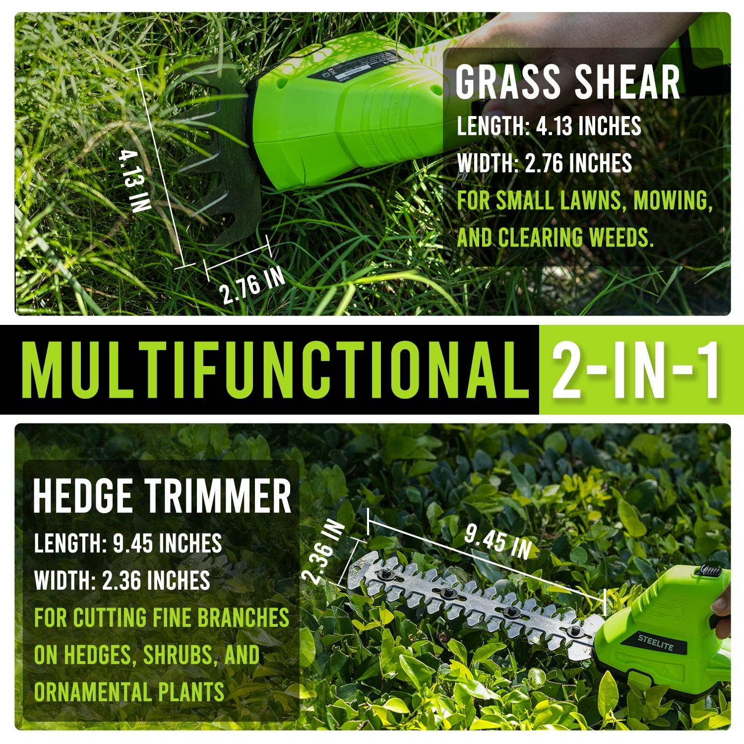 Steelite 21V Cordless Hedge Trimmer 2 in 1 Electric Grass Shear & Shrub Trimmer
