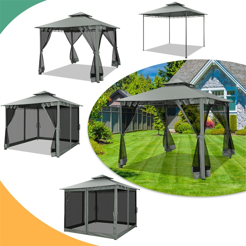 10x10 Patio Gazebo with Mosquito Netting Heavy Duty BBQ Canopy Tent Double Roof