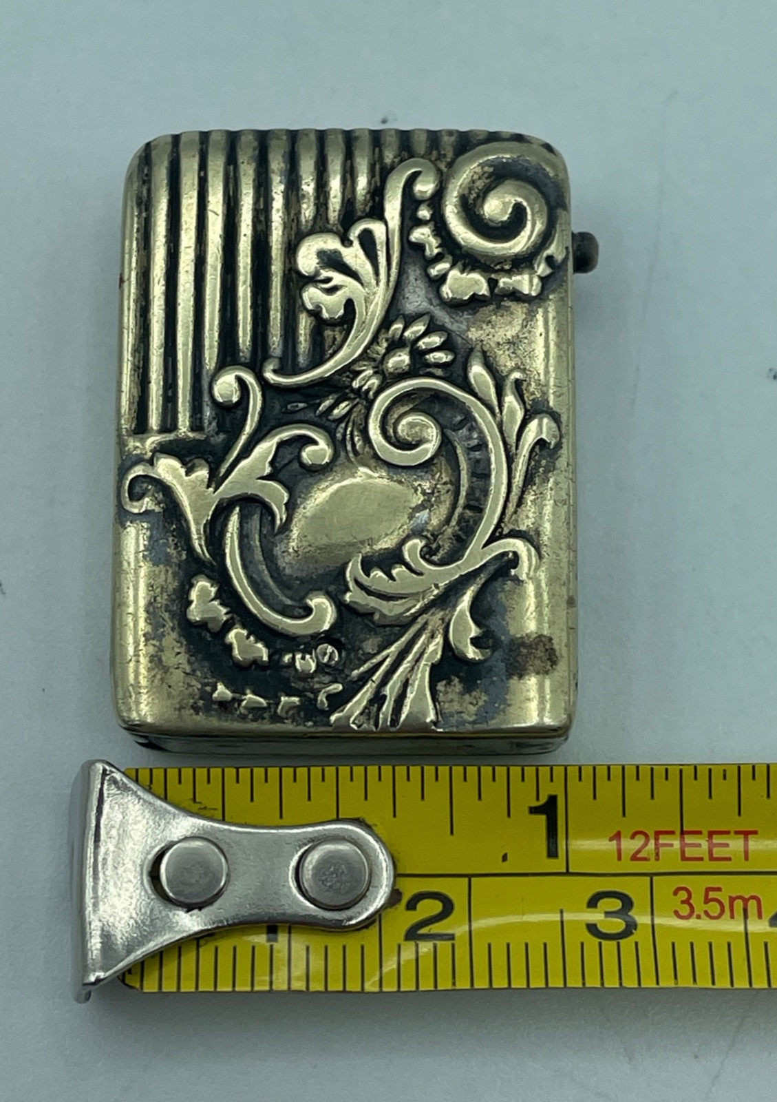 Antique Small Match Safe Vesta case silver plate Victorian ornate flip-open box