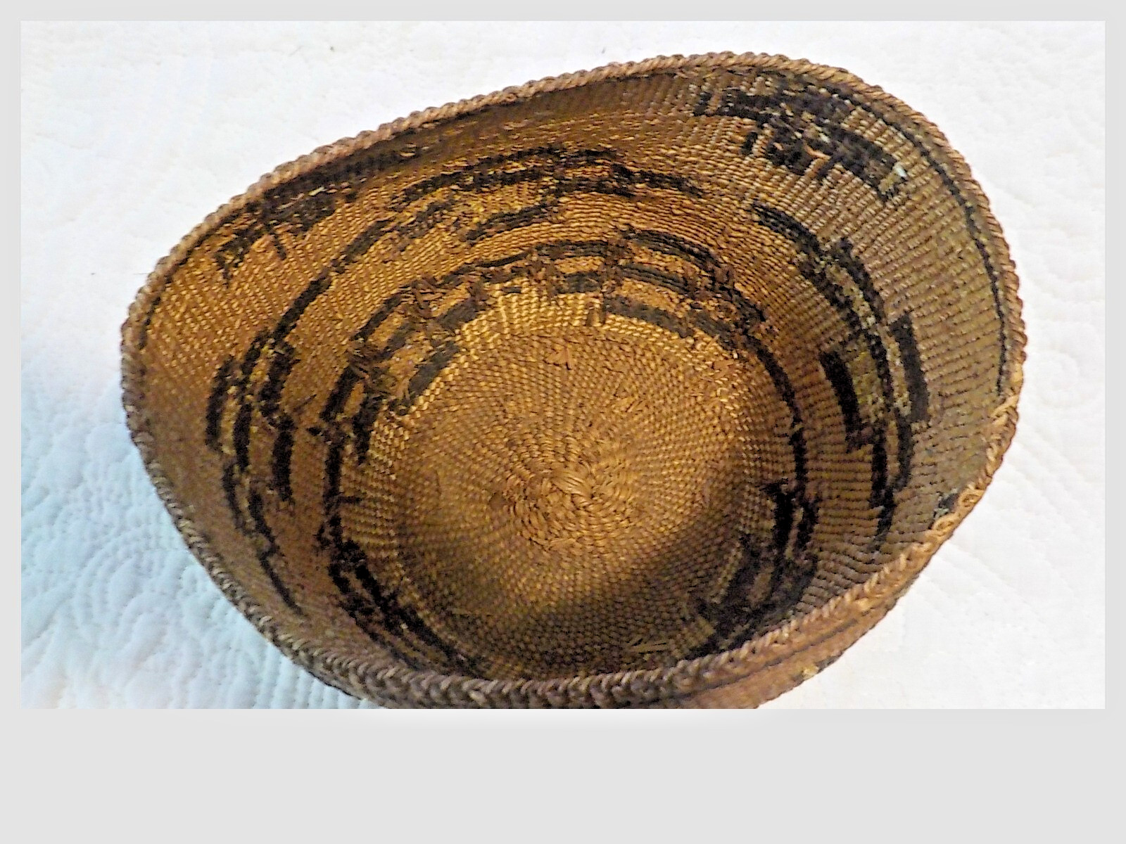 Antique Klamath Basket with Yellow dyed bird quill c. 1900 7" x 5"