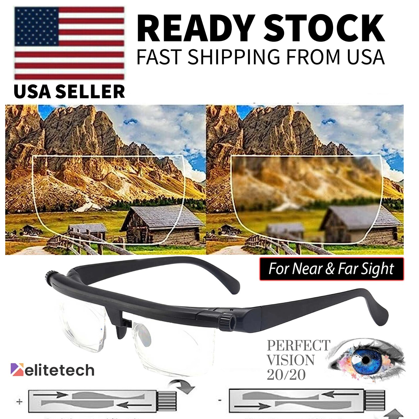 Dial Adjustable Glasses Variable Focus For Reading Distance Vision Eyeglasses US