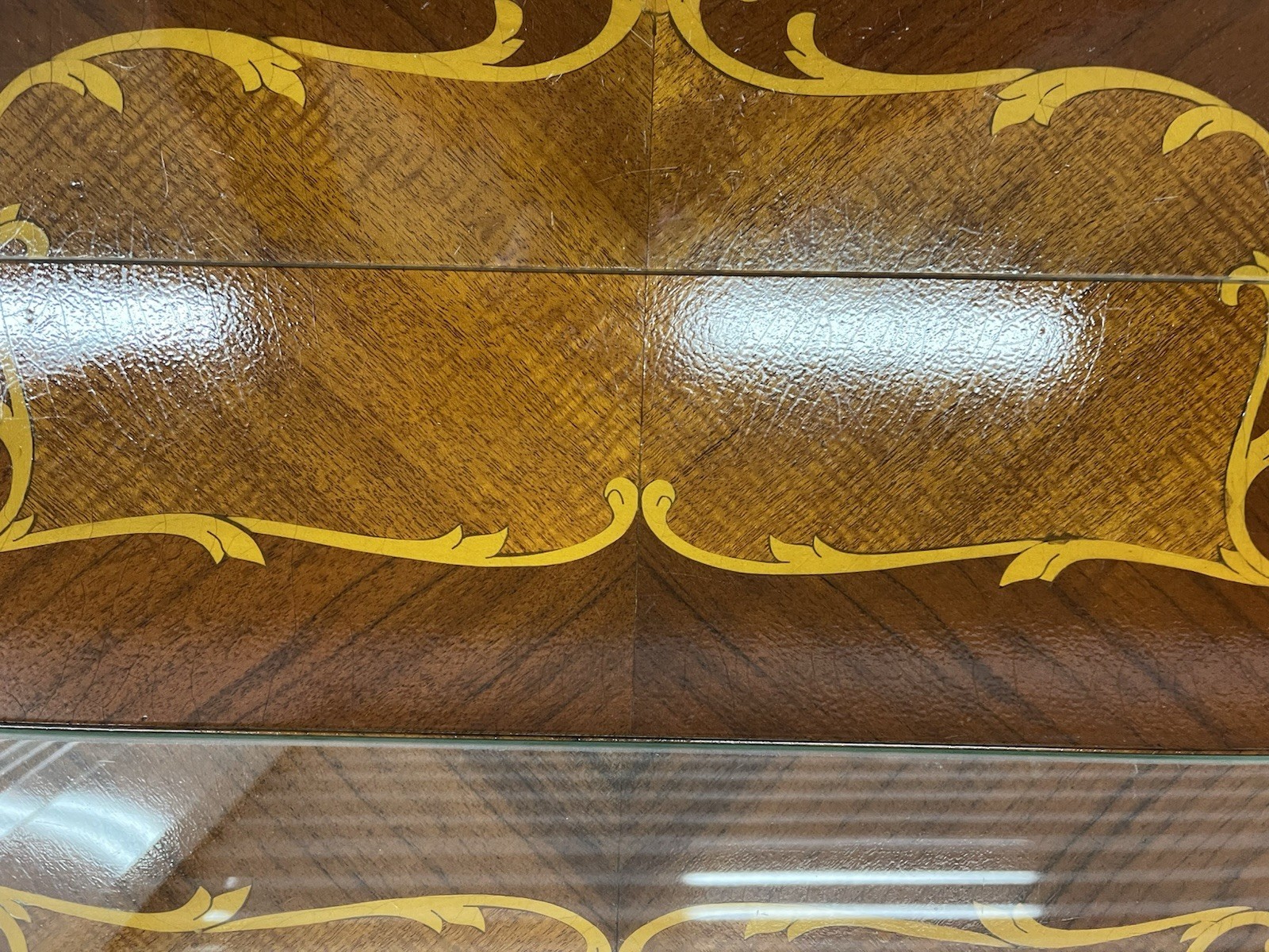 Vintage French Neoclassical Inlaid Marquetry Wood Side Table Ornate Legs Glass