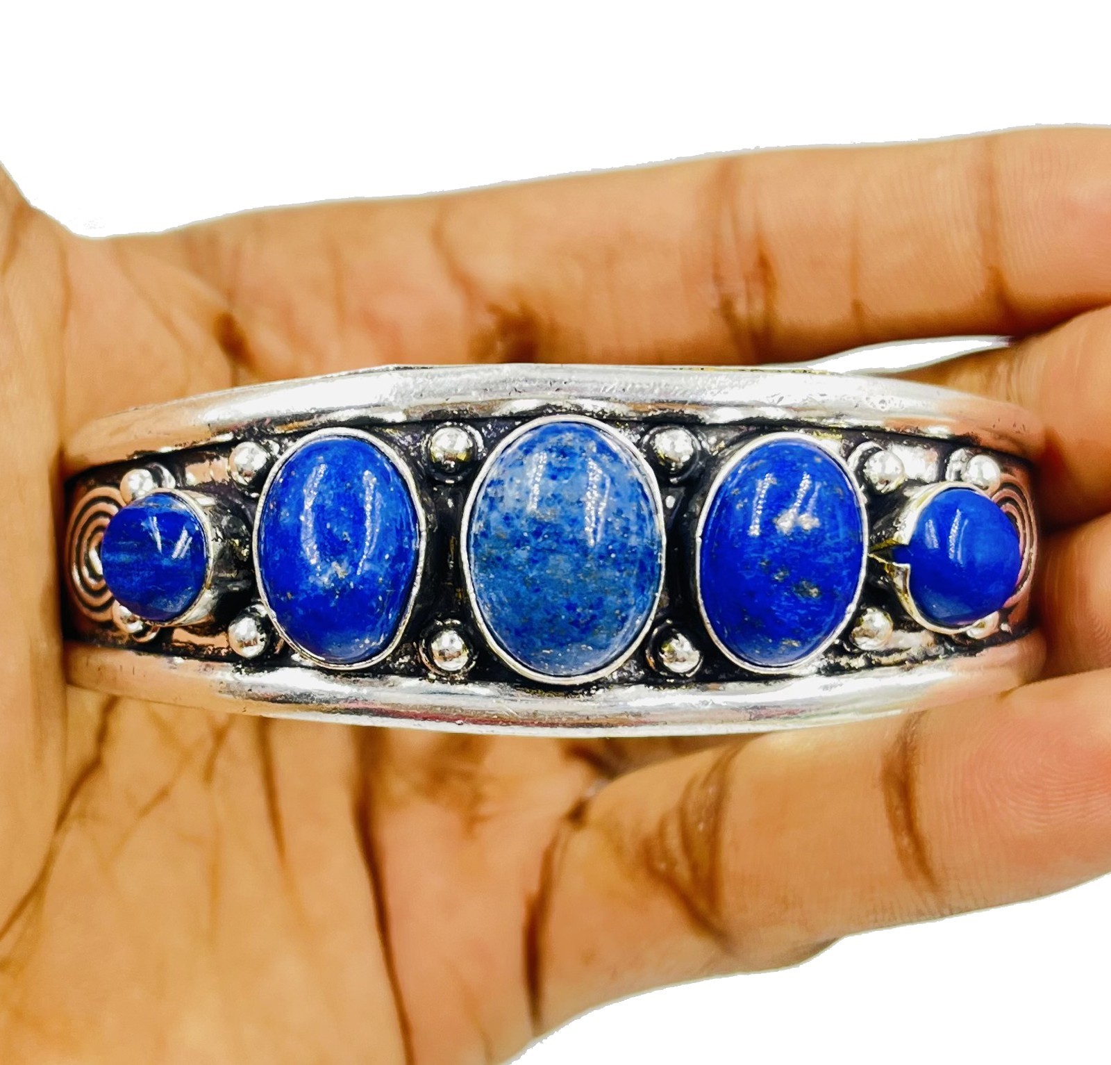 925 Sterling Silver Natural Lapis Lazuli Gemstone Jewelry Handmade Cuff Bracelet