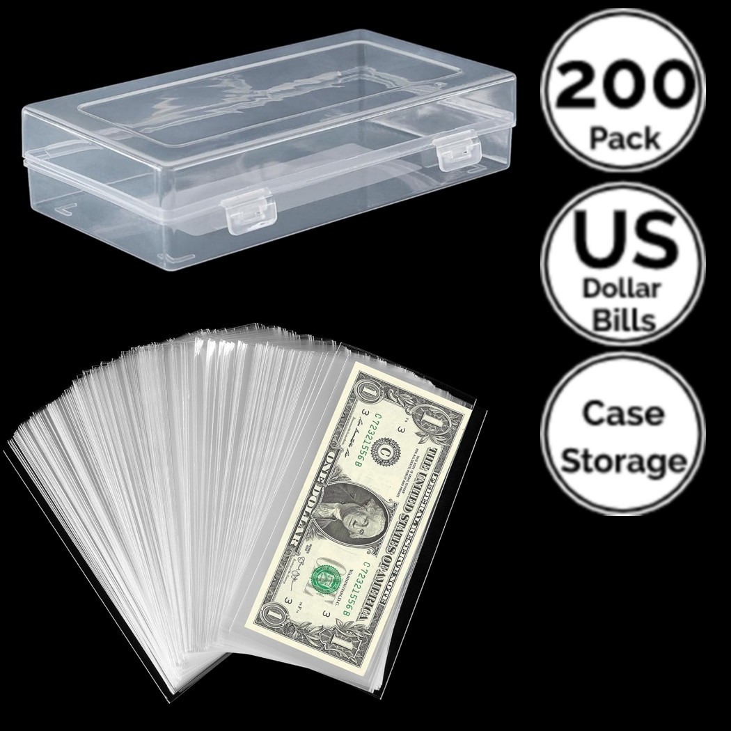 200 Pack Clear Paper Money Currency Sleeve Bag Holder 4 US Dollar Bill w/ Case