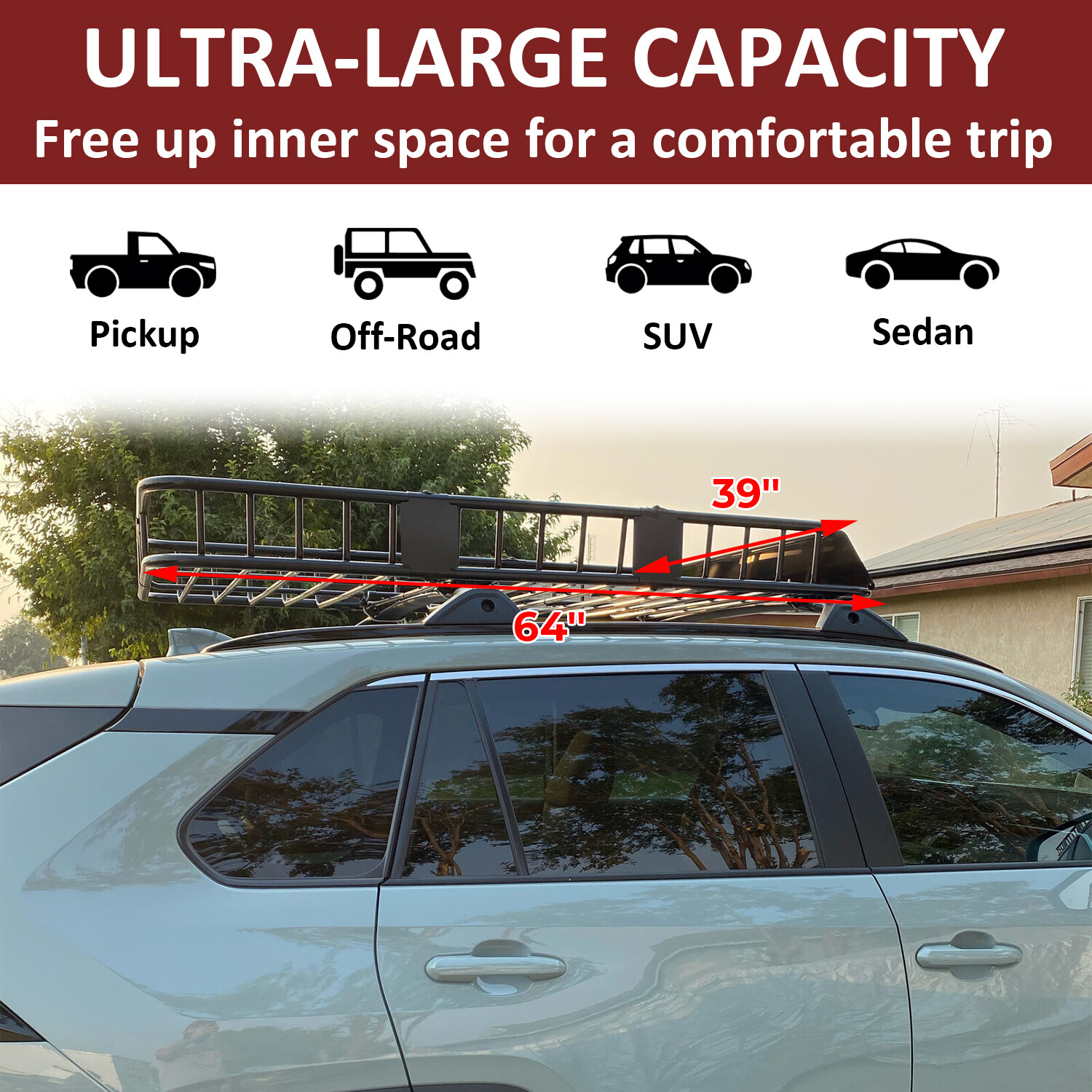 64" Extendable Roof Top Cargo SUV Basket Luggage Carrier Rack Holder Universal