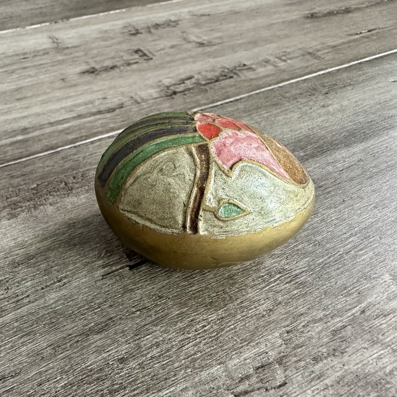 Vtg 2.5” Egg Painted Enameled Brass Bird On Branch Enamel Paperweight Trinket