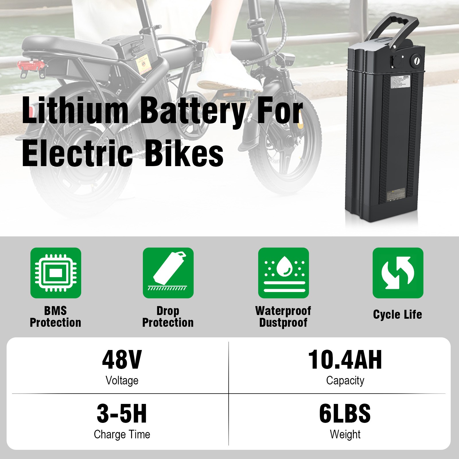 48V 10.4Ah Foldable Electric Ebike lithium Battery Replacement ,For 560W Motor!