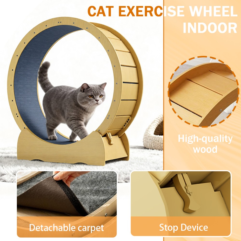 42" Cat Exercise Wheel - Solid Wood Treadmill with Detachable Carpet for Cats