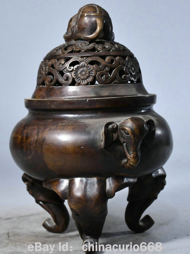 8" Marked Old China Copper Carving Dynasty Palace Elephant Ear Flower Censer