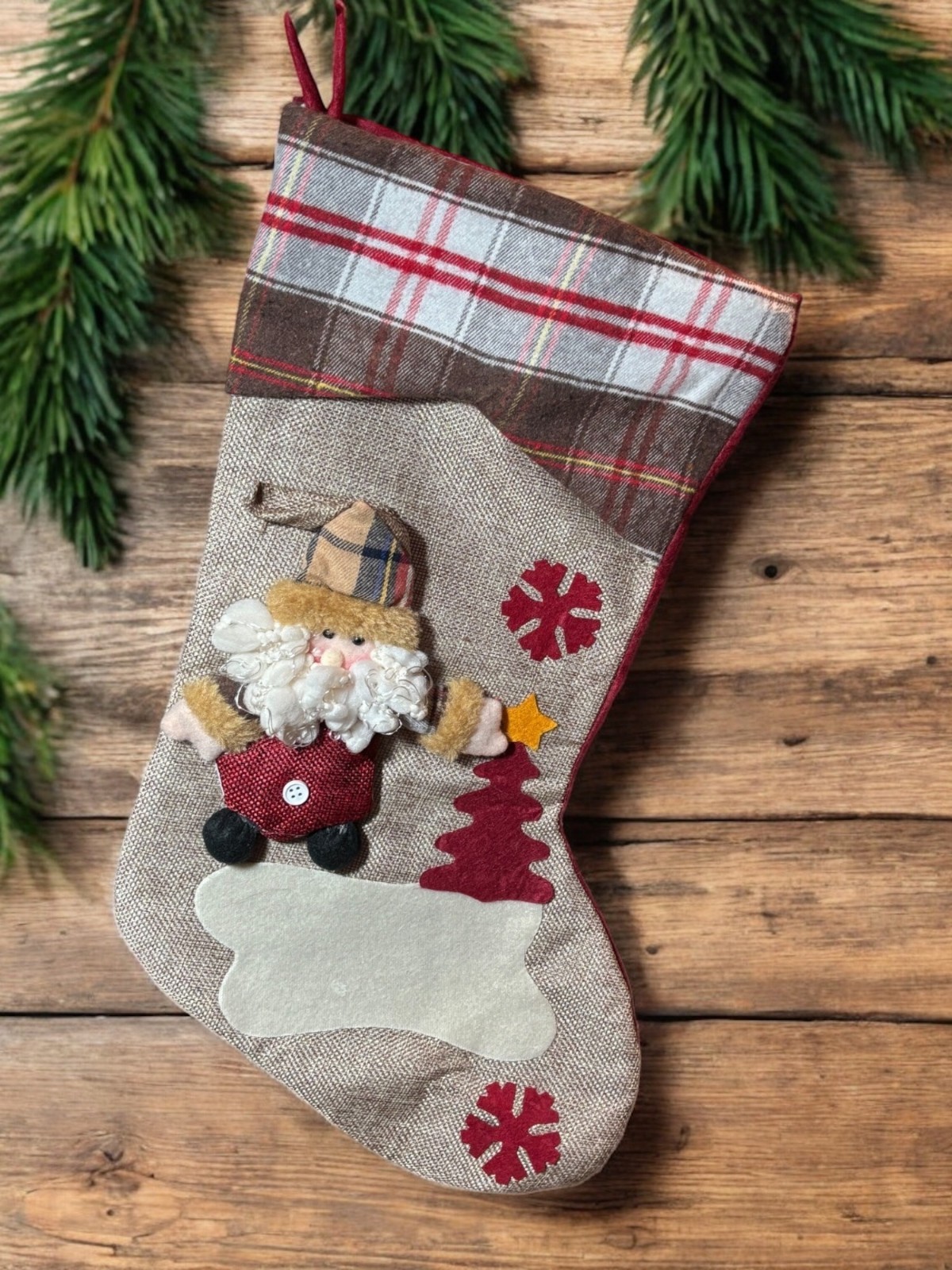 Christmas Stocking With Santa & Plaid Cuff Design 17" NWOT