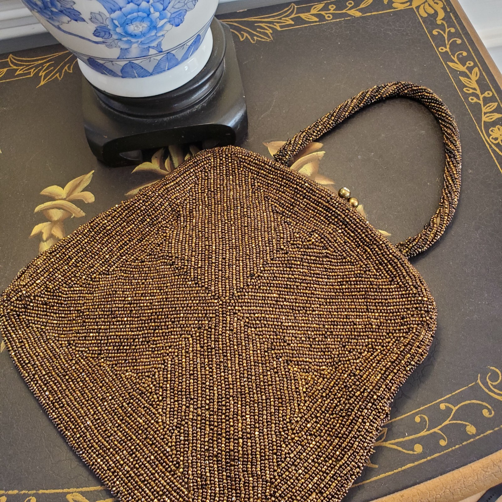 Joseph Horne Pittsburgh Belgium Brown Beaded Evening Bag Handle Twist Top Lock