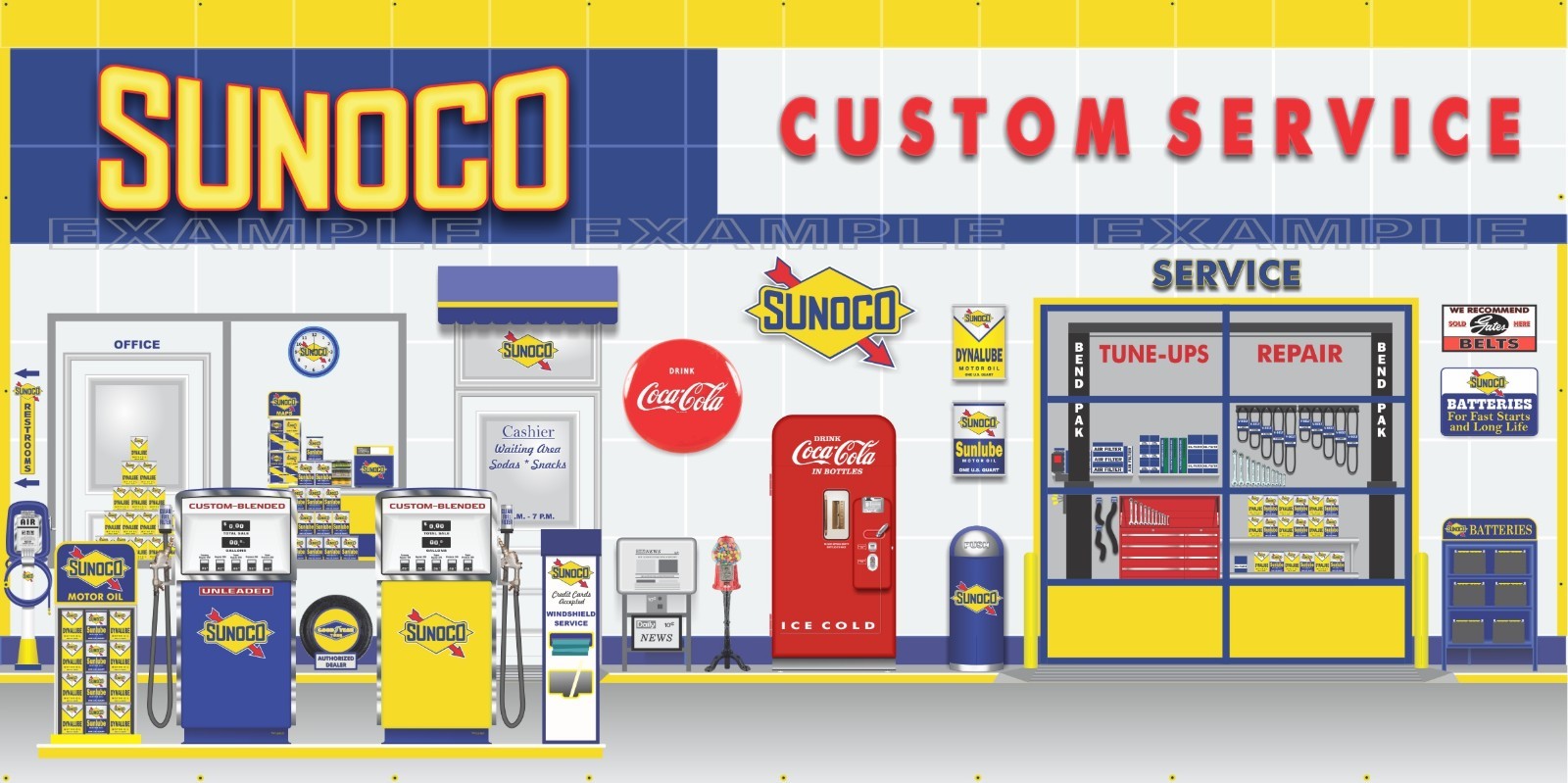 SUNOCO OLD GAS PUMP SERVICE STATION SCENE WALL MURAL SIGN BANNER GARAGE ART VWBM