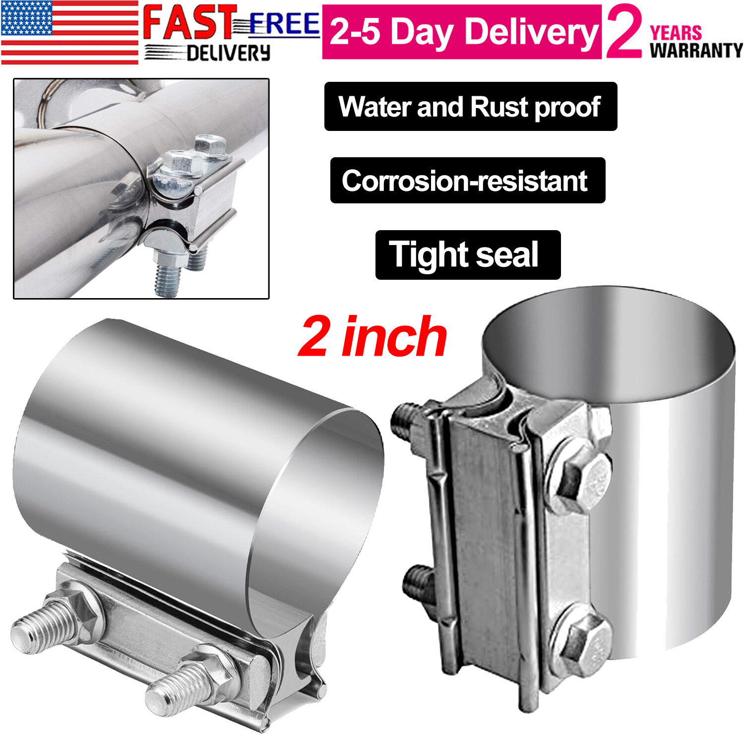 2 x 2.0 Inch Exhaust Clamp,Butt Joint Band Clamp Sleeve Coupler Stainless Steel