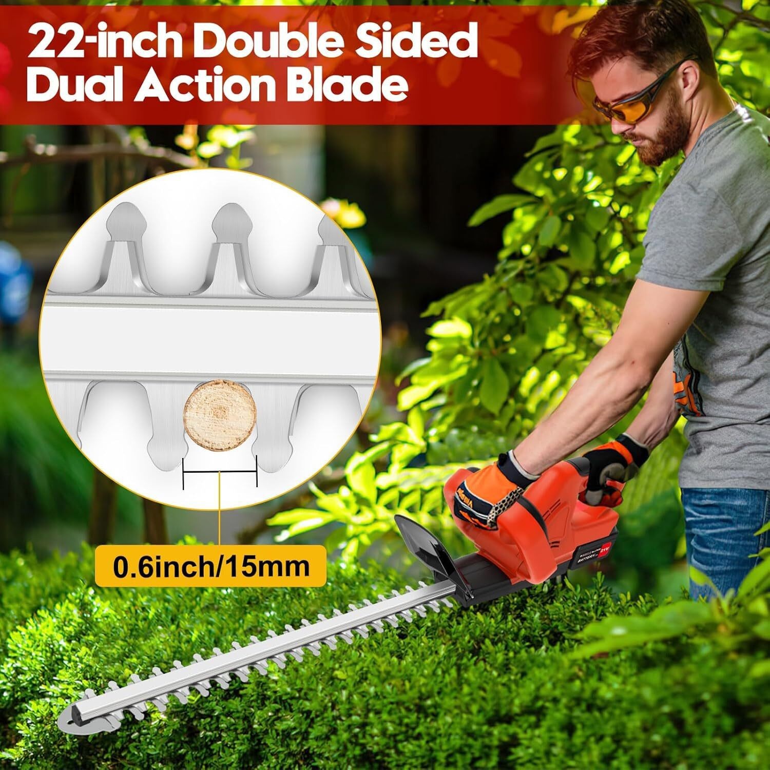 22'' Electric Hedge Trimmer Cordless Power Hedge Trimmer with 2Battery & Charger