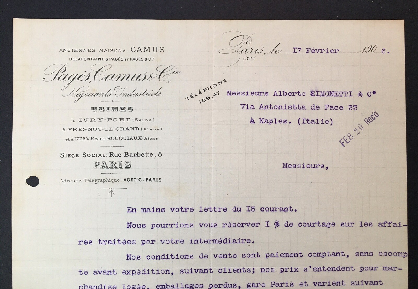 1906 Pages Camus & Cie Letterhead / Letter in French Regards to Chemical Order