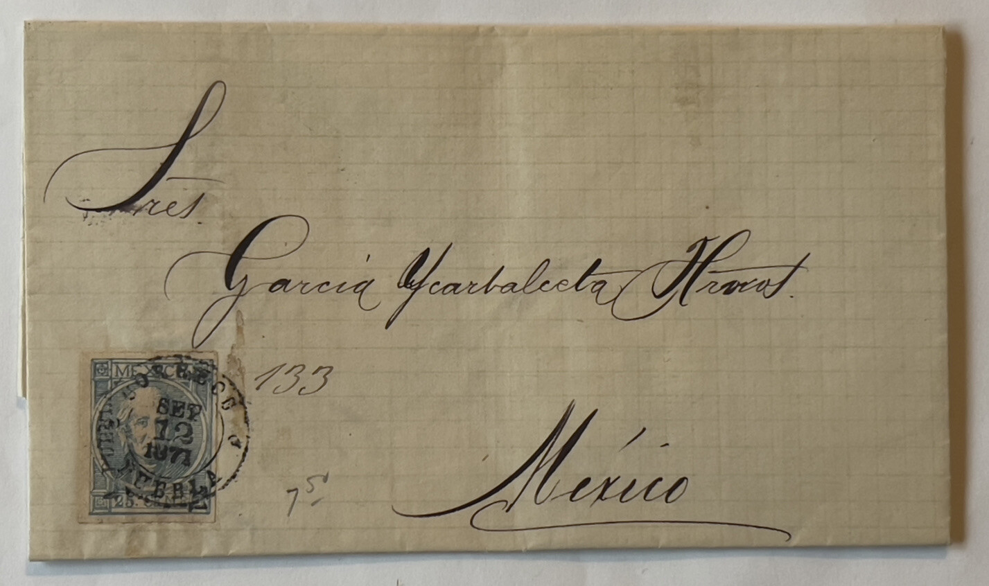 1871 PUEBLA MEXICO FOLDED LETTER COVER, OVAL CANCEL, HIDALGO IN CIRCLE STAMP