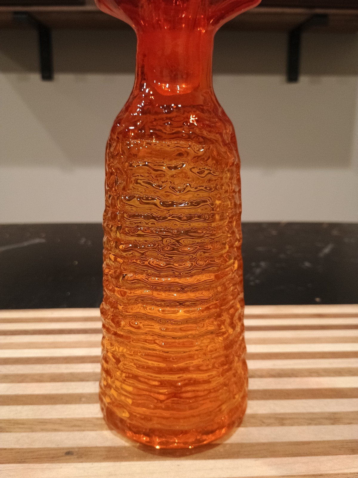 Vintage MCM 11" Rainbow Ribbed Glass Tangerine Orange Decanter With Stopper