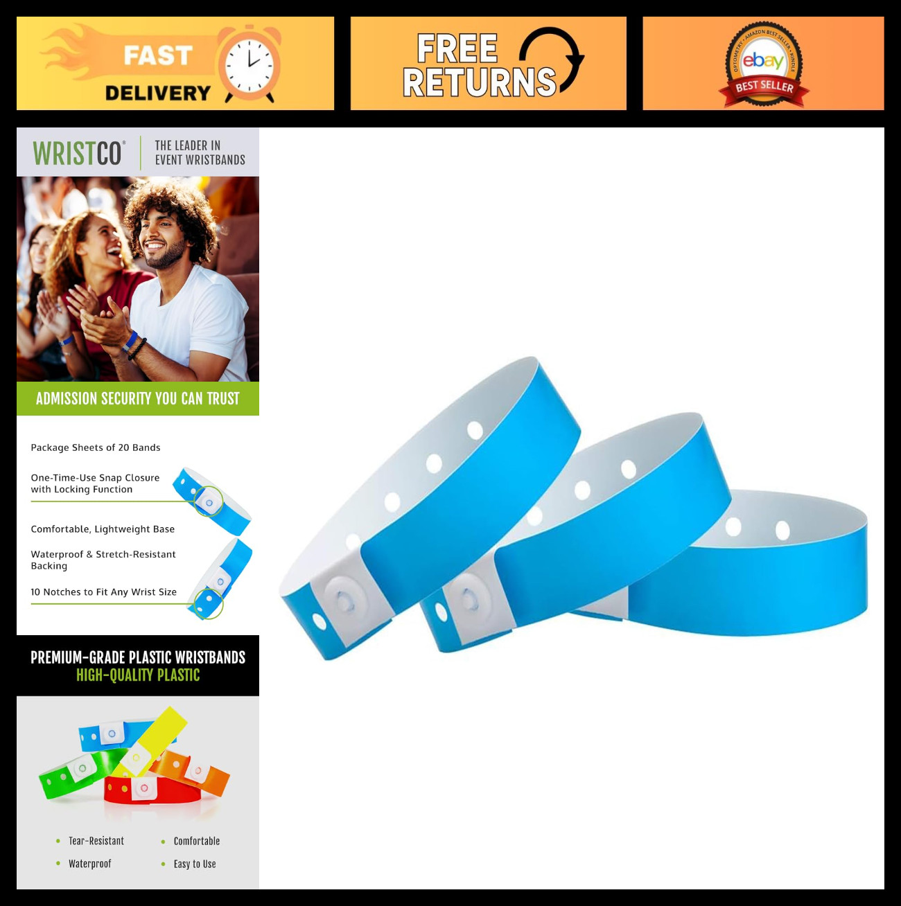 500 Neon Blue Plastic Wristbands - Durable, Secure Snap for Events, Parties & ID
