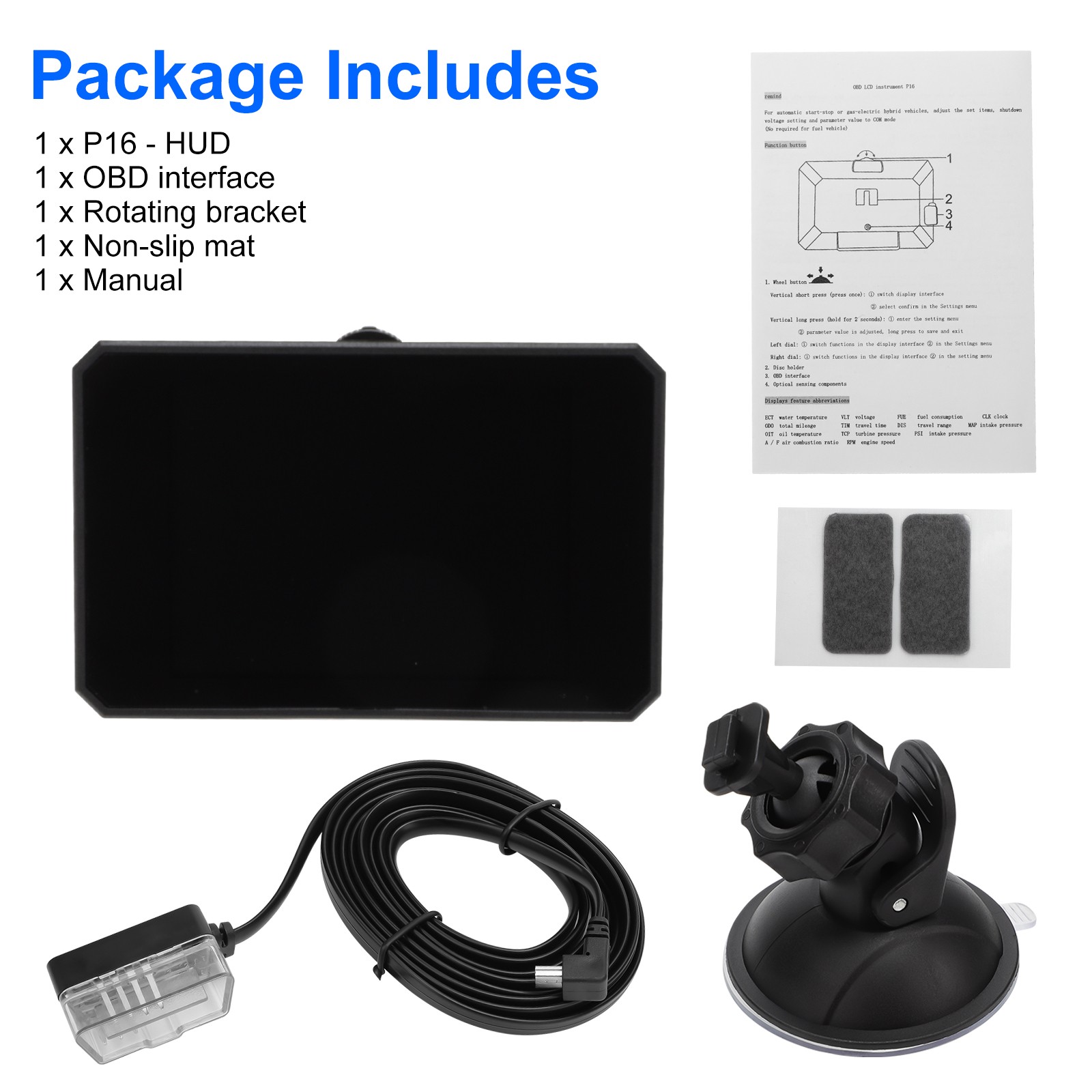 Car Truck Digital OBD2 Real-Time RPM MPH Overspeed Alarm HUD Gauge Speedometer