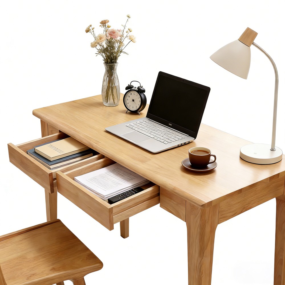 Modern Solid Wood Writing Desk with 2 Drawers, Compact Office Desk