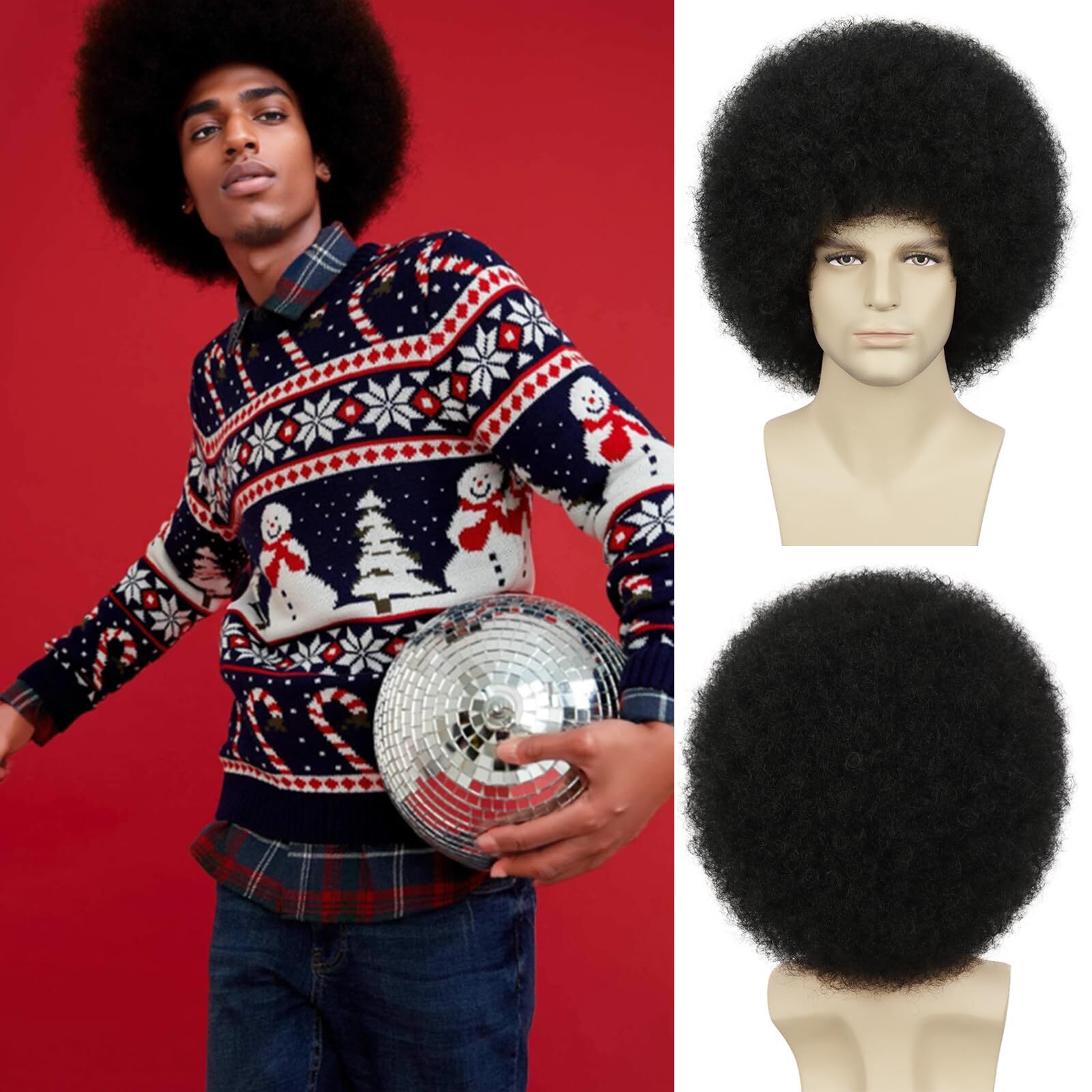 Mens Afro Wig for 70s Disco Rocker Party Black Afro Wig for Men and Women Uni...