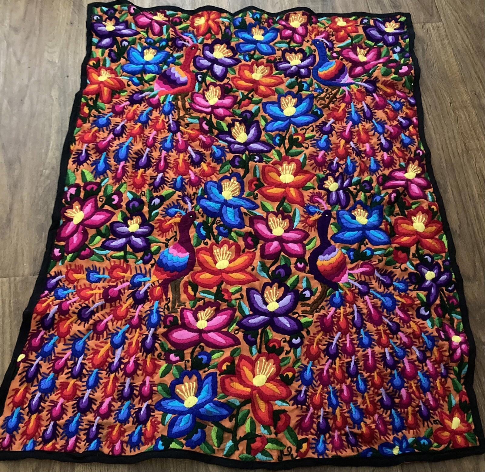 Guatemala Traditional Embroidered Tbl Cloth/Wall Hanging Etc. w/Peacocks/Flowers