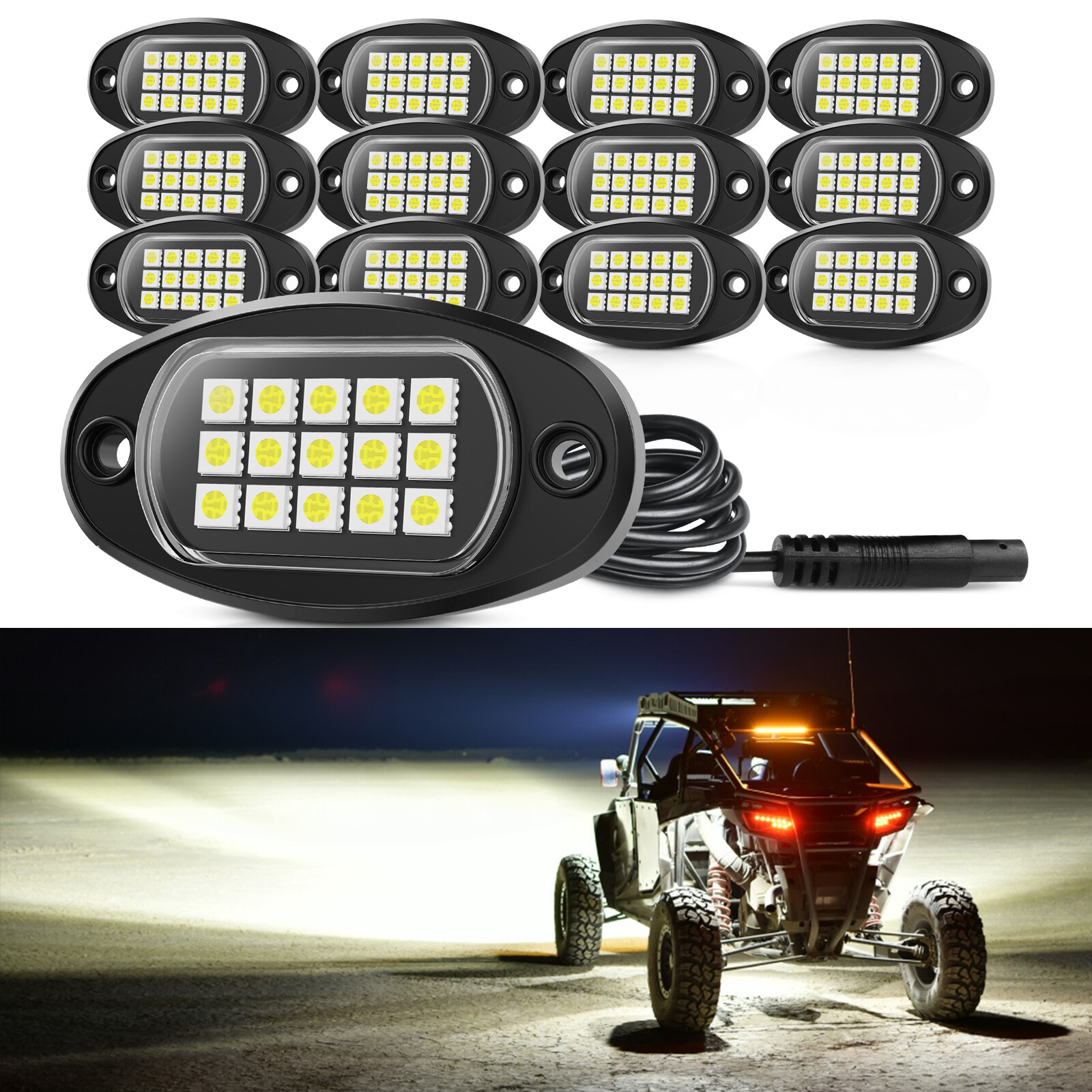 12 PCS Pure White LED Rock Lights, Waterproof Underglow Underbody Lighting Kit