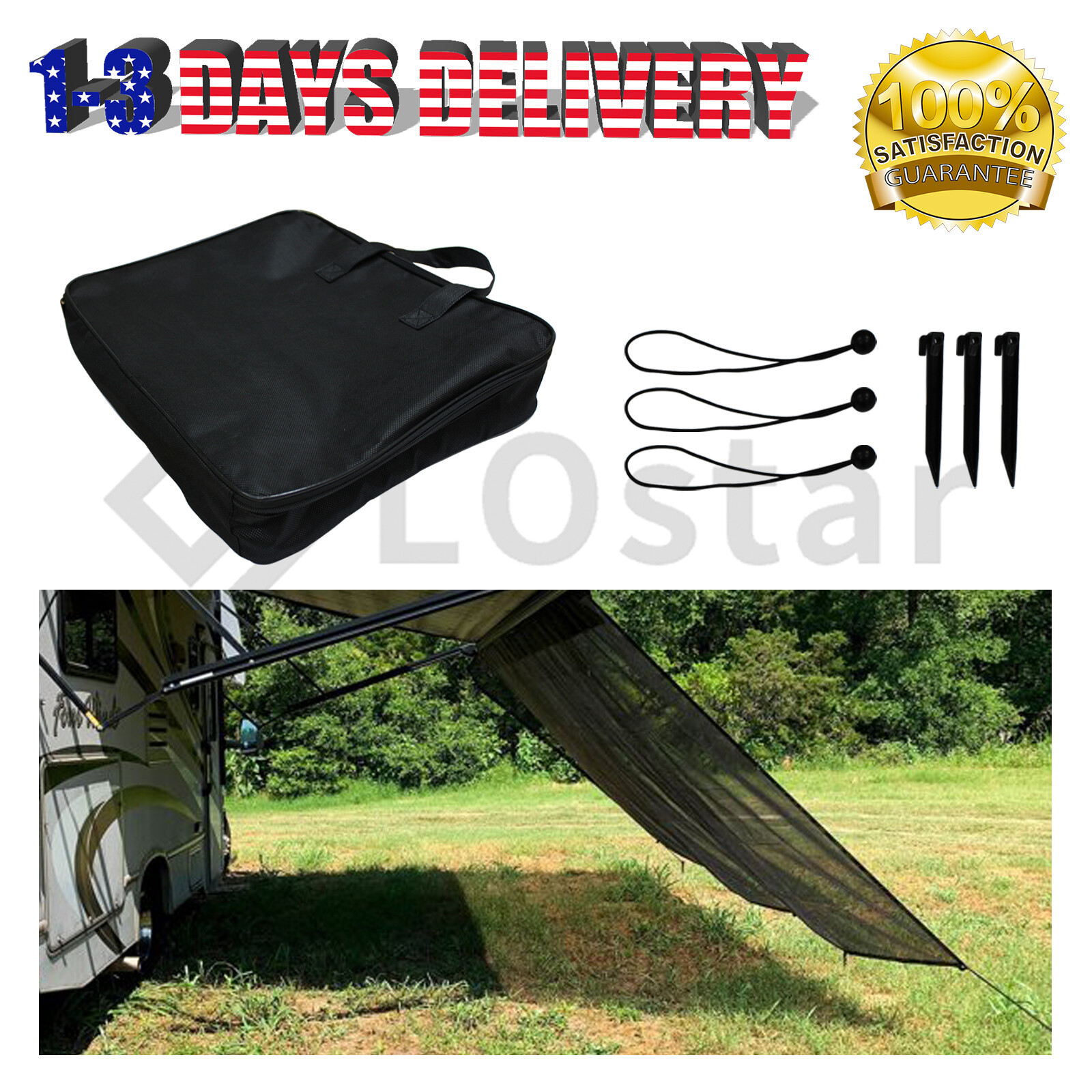 RV Awning Sun Shade Screen - Black Mesh Sunshade UV Block (11'-19') x 9'