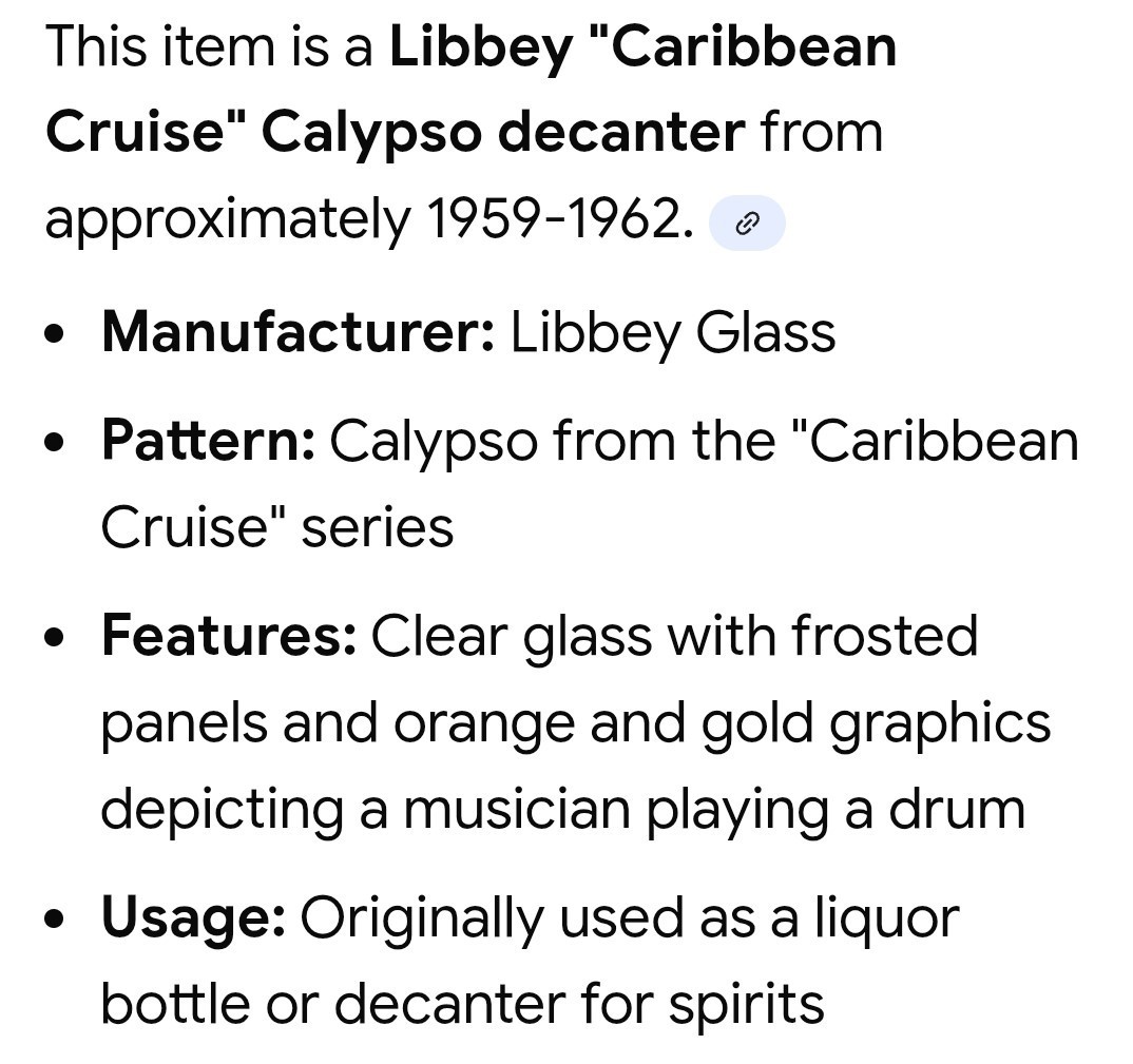 Frosted Decanter Caribbean Cruise Calypso Gold Orange 1959 VTG MCM Libbey